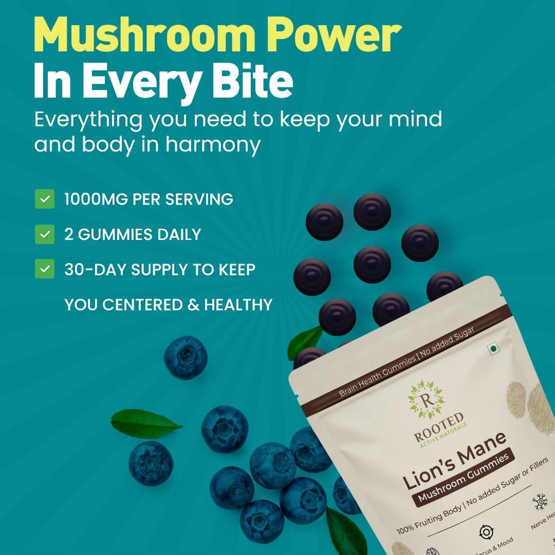 ROOTED Rooted Actives Certified Organic Lions Mane Mushroom Extract Gummies | Memory, Focus, Brain Powder & Nerve Health | Usda Organic, No Sugar, Blueberry Flavor | Lions Mane Powder