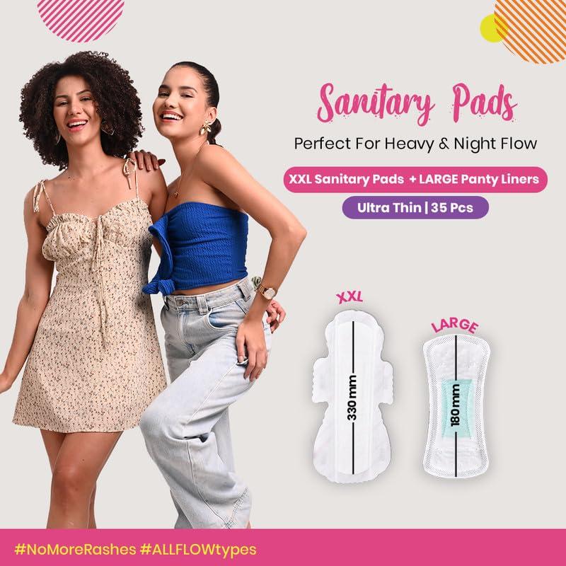 pinq polka PINQ POLKA Premium Sanitary Pads(XXL-330mm) with 25 (Large-180mm) Pantyliners for Discharge, Organic Cotton Soft Feel|Rash Free|Ultra Thin for Night & Heavy Flow Combo with Disposable Pouch, 35 Pieces