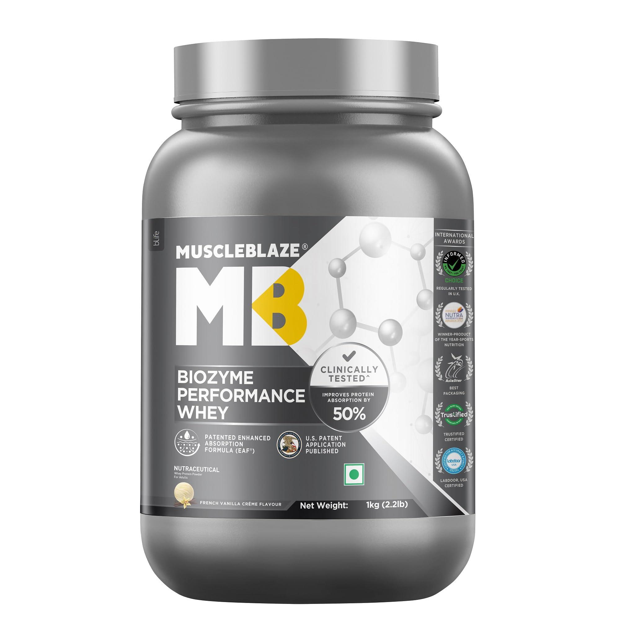 MuscleBlaze MuscleBlaze Biozyme Performance Whey Protein | Clinically Tested 50% Higher Protein Absorption | Informed Choice UK, Labdoor USA Certified & US Patent Filed EAF (French Vanilla Crme, 1 kg / 2.2 lb)