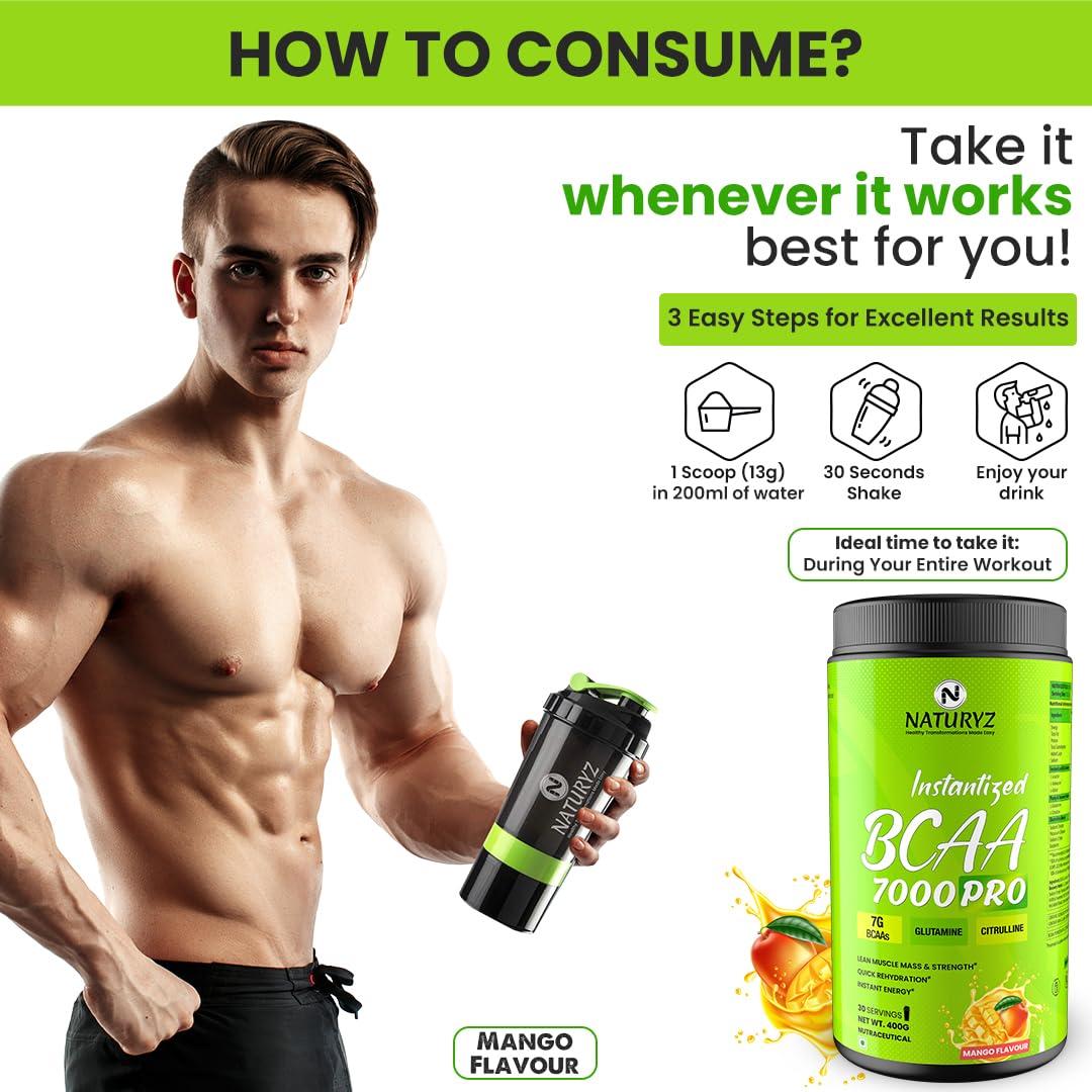 Naturyz NATURYZ Instantized BCAA 7000 PRO |7G Vegan BCAAs | Glutamine | Citrulline | Electrolytes | 0 Added Sugar | Powerful Pre/Post & Intra Workout Amino for Lean Muscle Growth, Strength, Quick Re-Hydration & Instant Energy - 400g(Mango)