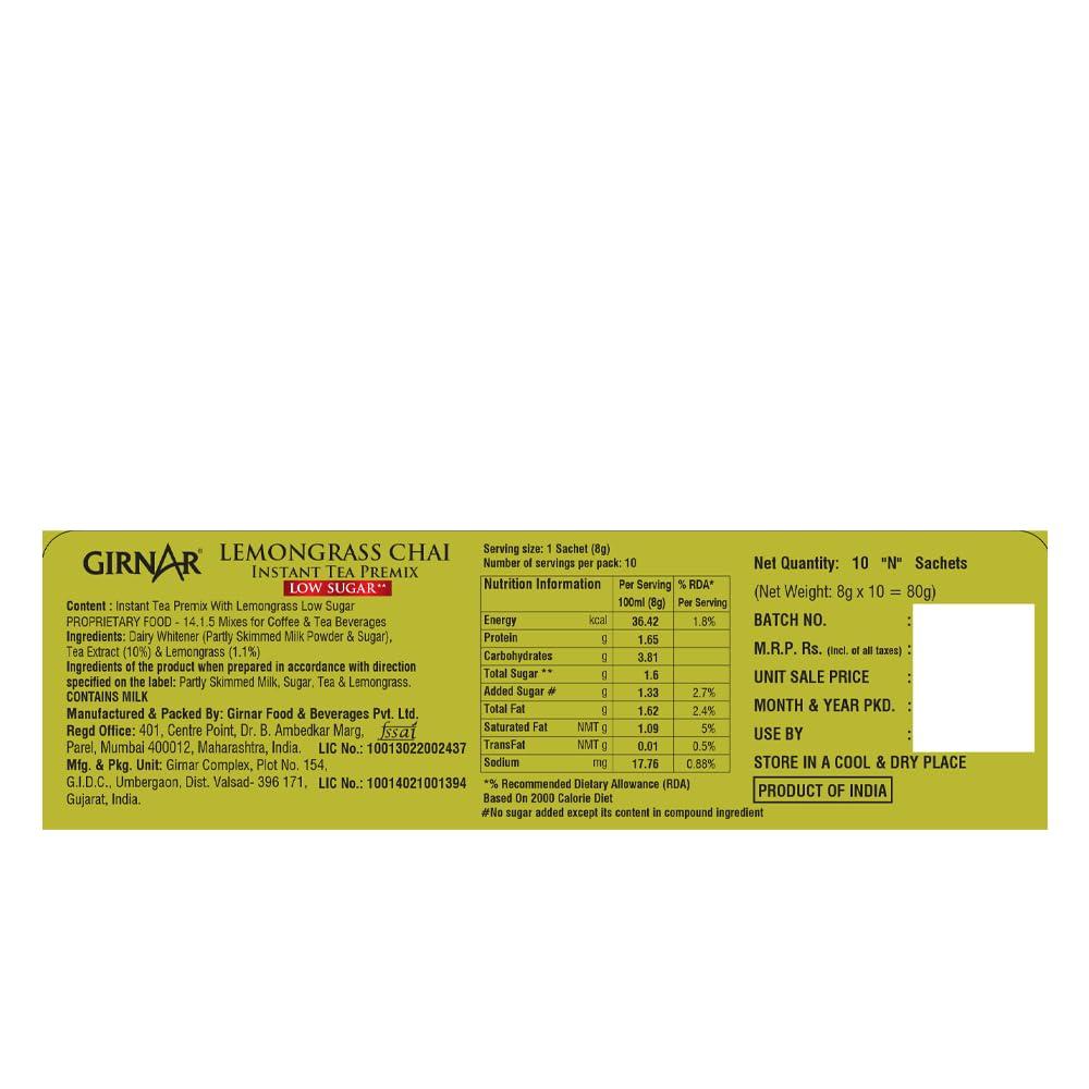 Girnar Girnar Instant Premix Lemongrass Chai (10 Low Sugar Sachets)