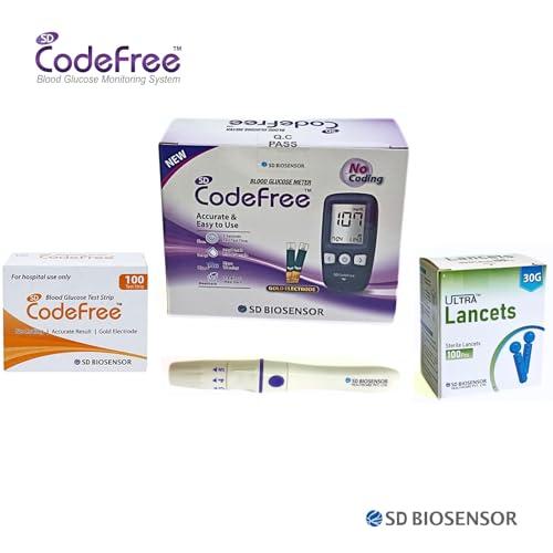 SD Codefree SD Codefree Blood Glucose Meter with 100 test Strips 100 Round Lancet and a Lancing Device - Glucometer (Black)