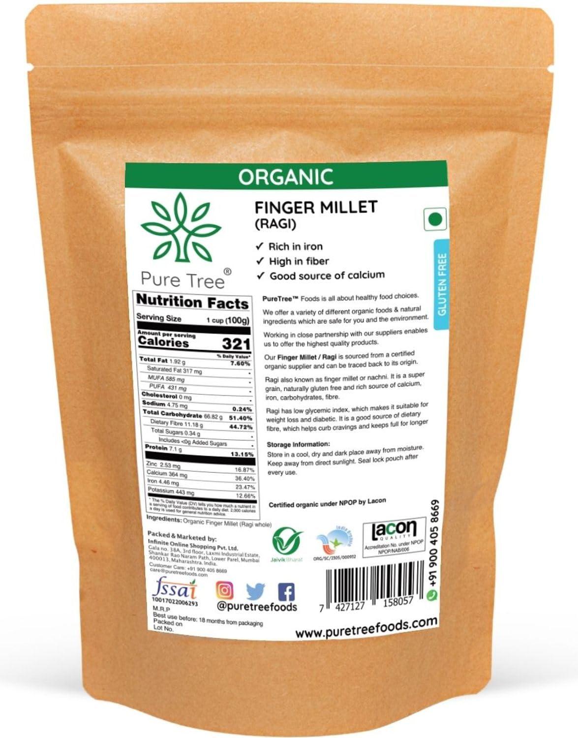 Pure Tree Pure Tree Certified Organic Ragi Whole | 1900 g | Finger Millet | Nachni | Nagli | Ragi Millet Gluten-Free | Bavto | Red Finger Millet | Ragi Whole Grain