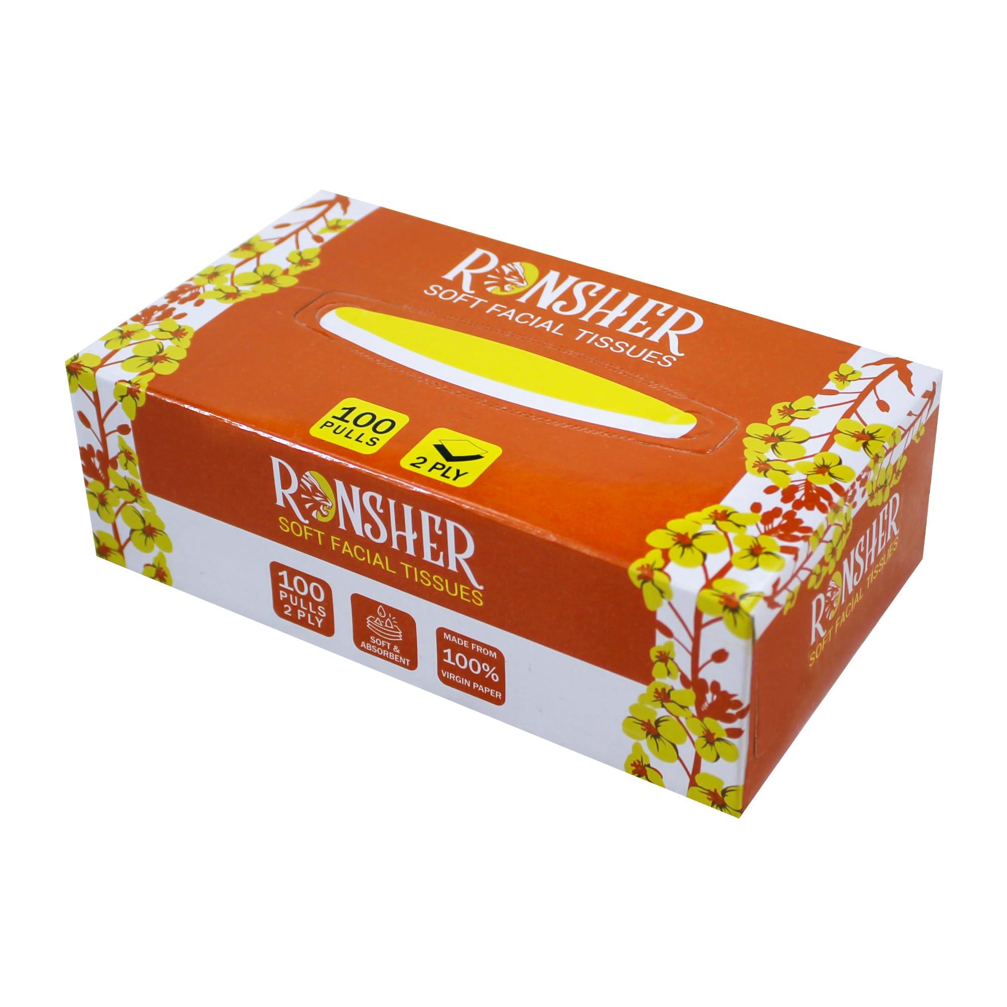 Ronsher Ronsher | 2 Ply Facial Tissue Paper Box | 100 Pulls | Pack Of 4 | OBA-Free | Virgin Paper | Food Safe | Skin-Friendly | Suitable For Bedroom, Bathroom, Office, Cars