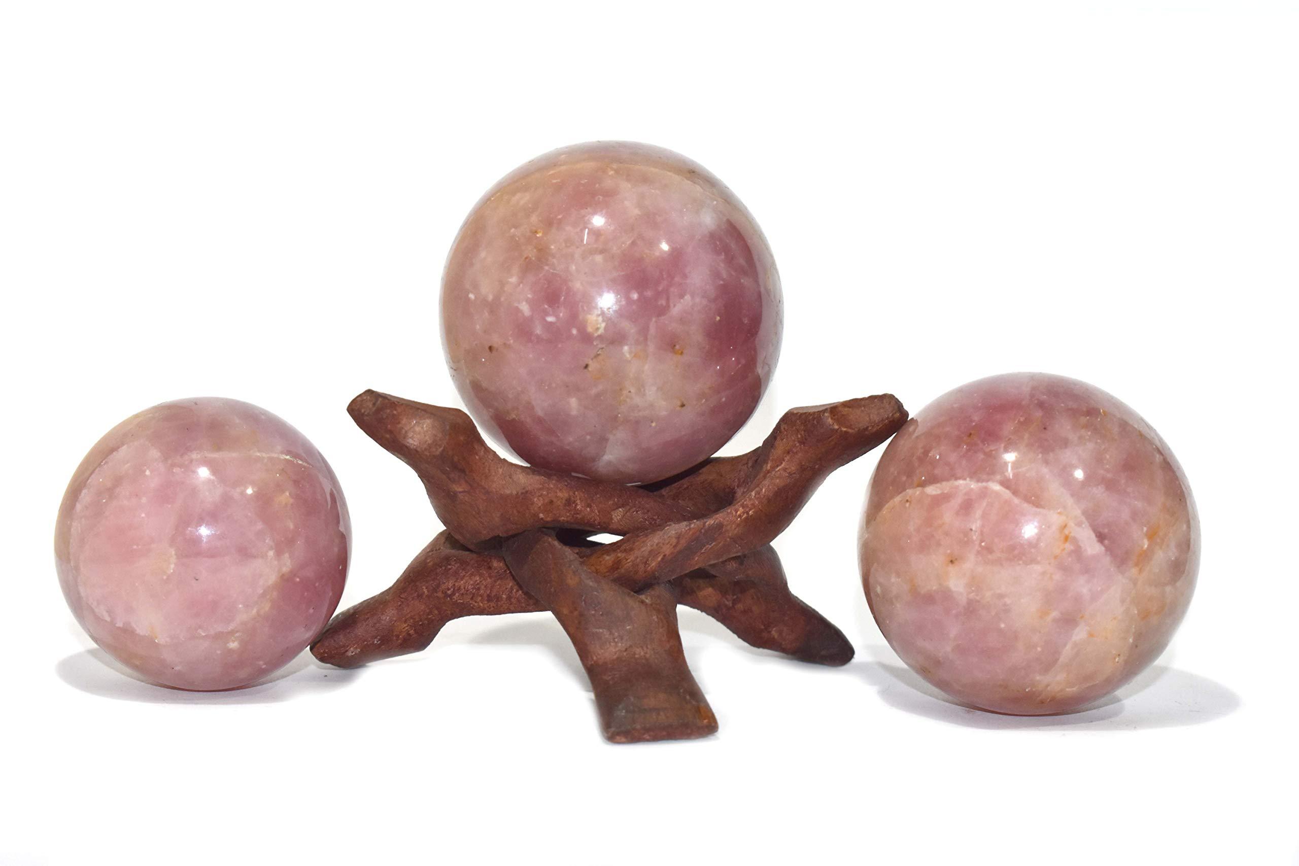 Healings4u Mystic Crystals & Creations Sphere Rose Quartz Dark AAA Size 2-2.5 Inch & One Wooden Ball Stand Natural Crystal Ball Sphere Vastu Reiki Chakra Healing