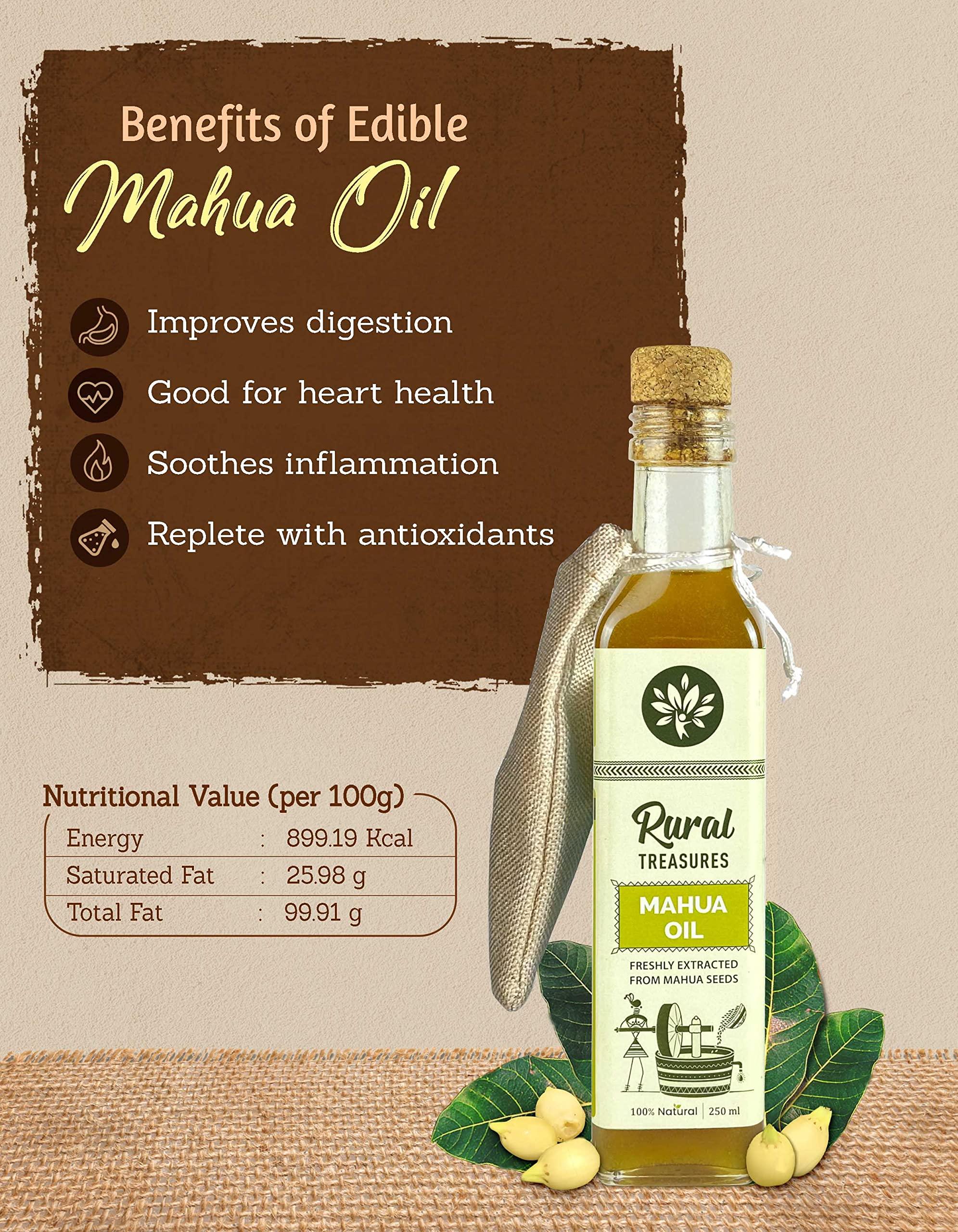 Rural Treasures Mahua Oil Edible | Pure Cold Pressed Mahuwa (Madhuca) Cooking Oil | Improve Digestion & Heart Rate | No Chemicals | No Preservatives | Freshly Extracted from Mahua Seeds | 250 ml