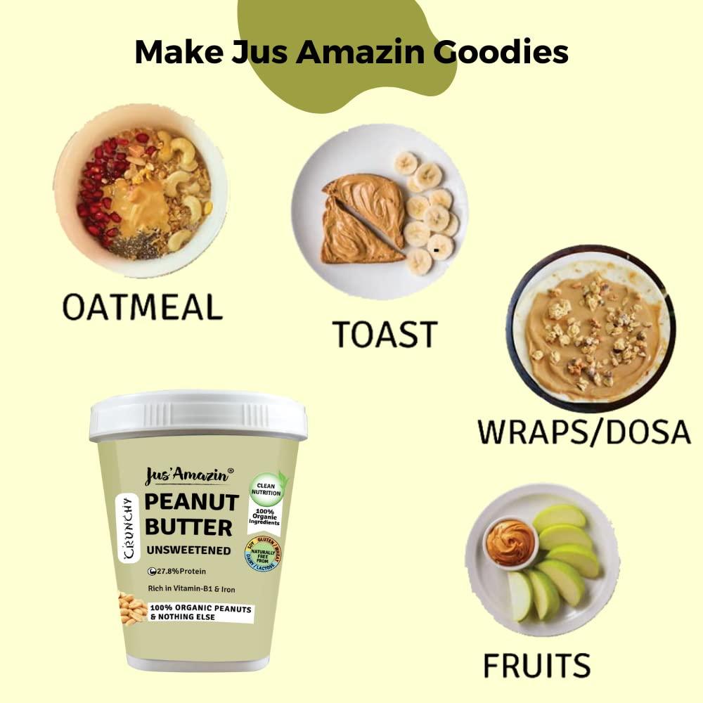 Jus' Amazin Jus\' Amazin Crunchy Peanut Butter - Unsweetened | 27.8% Protein | Single Ingredient - 100% Peanuts (no added Sugar/Salt) | Vegan | Dairy Free | Keto (Organic Peanut Butter Crunchy, 1 kg (Pack of 1))