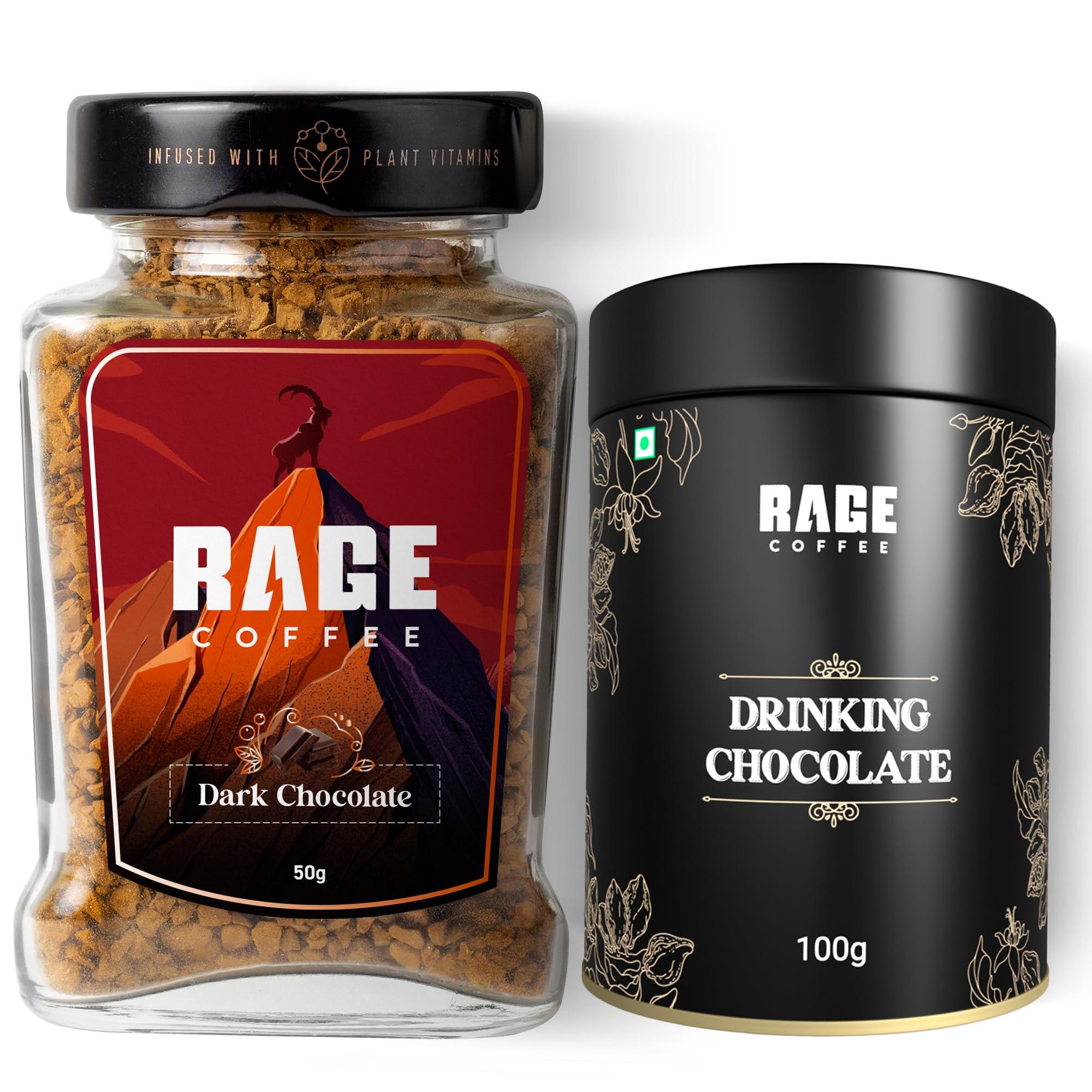 RAGE COFFEE Rage Coffee Combo - Flavoured Instant Coffee With Drinking Chocolate Powder Mix | Dark Chocolate Flavoured Coffee | Coffee, 50 gms & Chocolate Powder Mix, 100 gms | Made In India