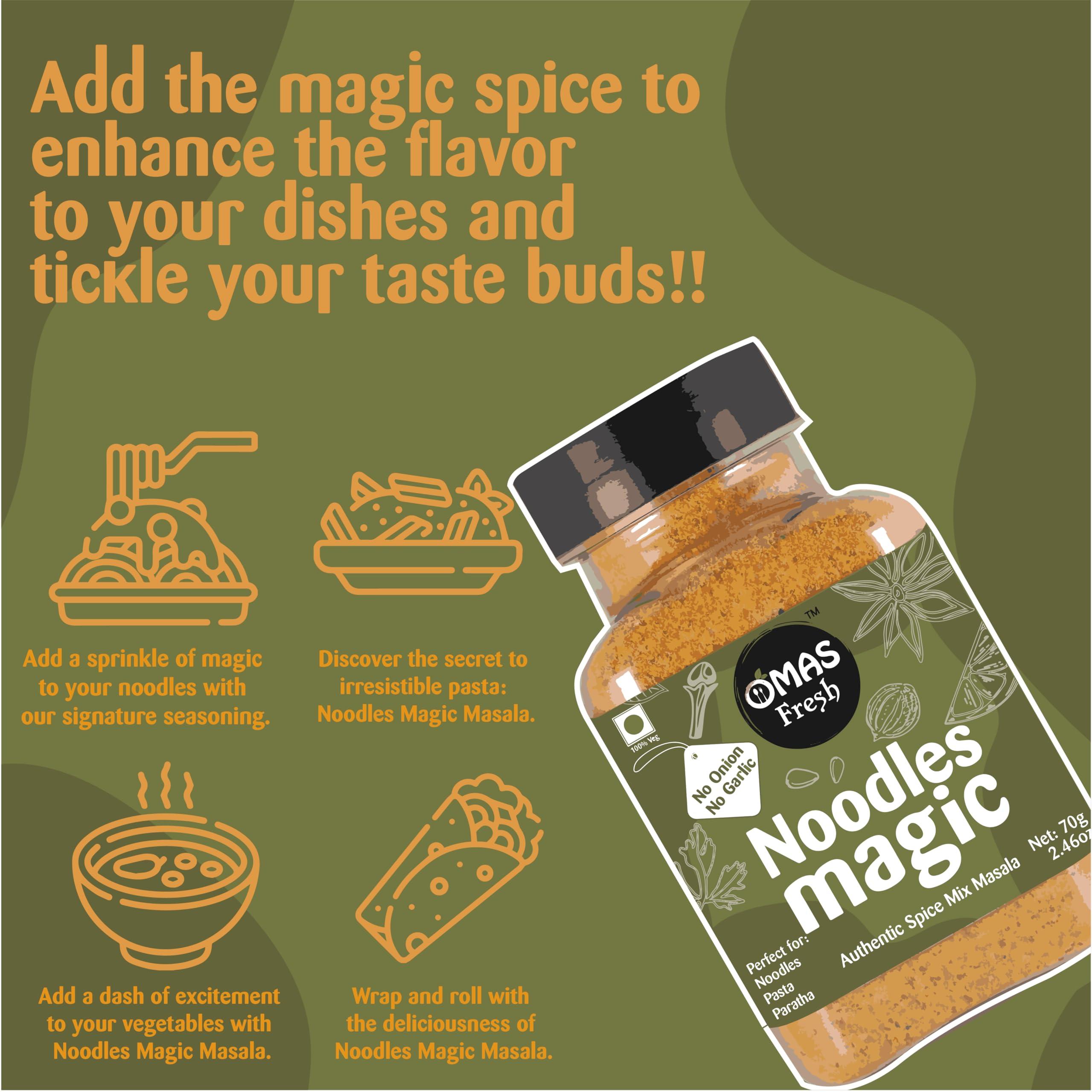 Omas Fresh Omas Fresh No Onion No Garlic Noodles Magic Mix Masala | Jain Seasoning For Instant Noodles, Sabjis, Pasta | No Additives & Preservatives | 400g