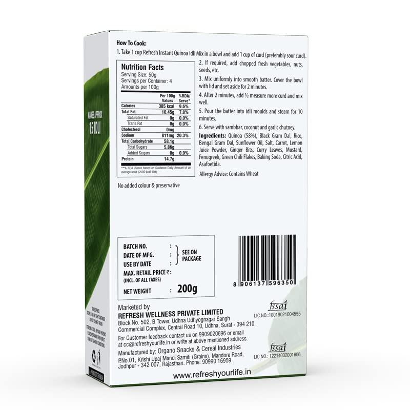 RE:FRESH Refresh Quinoa Idli Instant Mix 200g | Healthy Breakfast Mix | Pure Veg | Authentic South Indian Recipe