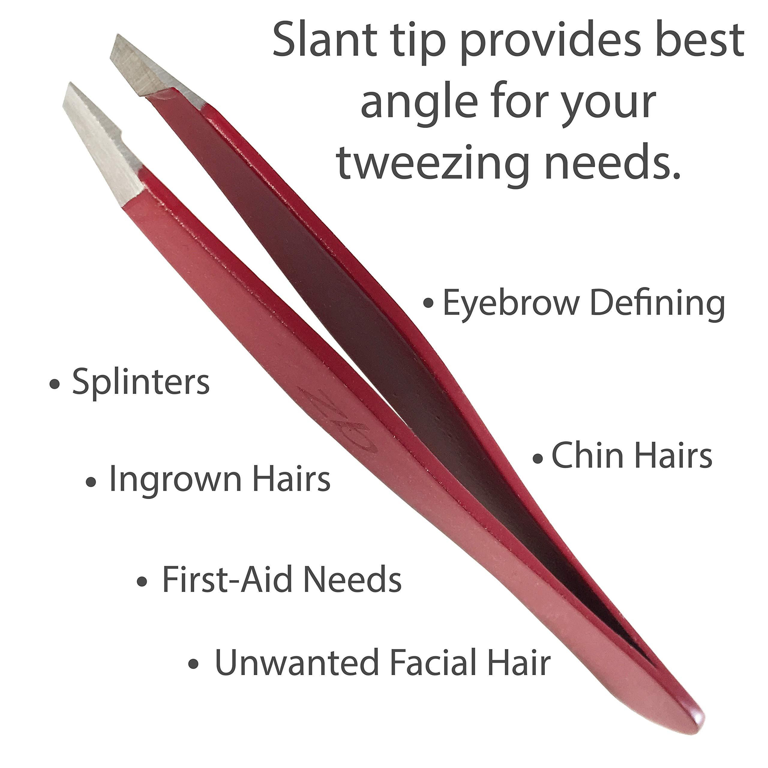 Zizzili Basics Tweezers Surgical Grade Stainless Steel - Slant Tip for Expert Eyebrow Shaping and Facial Hair Removal with Bonus Protective Pouch - Best Tool for Men and Women (Ruby Red)