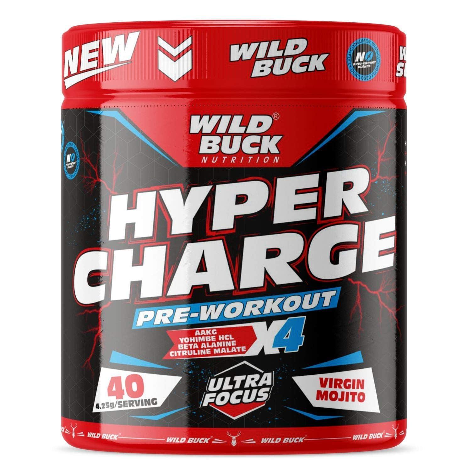 WILD BUCK WILD BUCK Hyper Charge Pre-X4 Hardcore Pre-Workout Supplement Powder with Creatine Monohydrate, Arginine AAKG, Beta-Alanine, Caffeinated Punch-For Men & Women [40 Serving, Virgin Mojito] + WILD BUCK Creatine Monohydrate Powder, Strength, Reduce Fatig