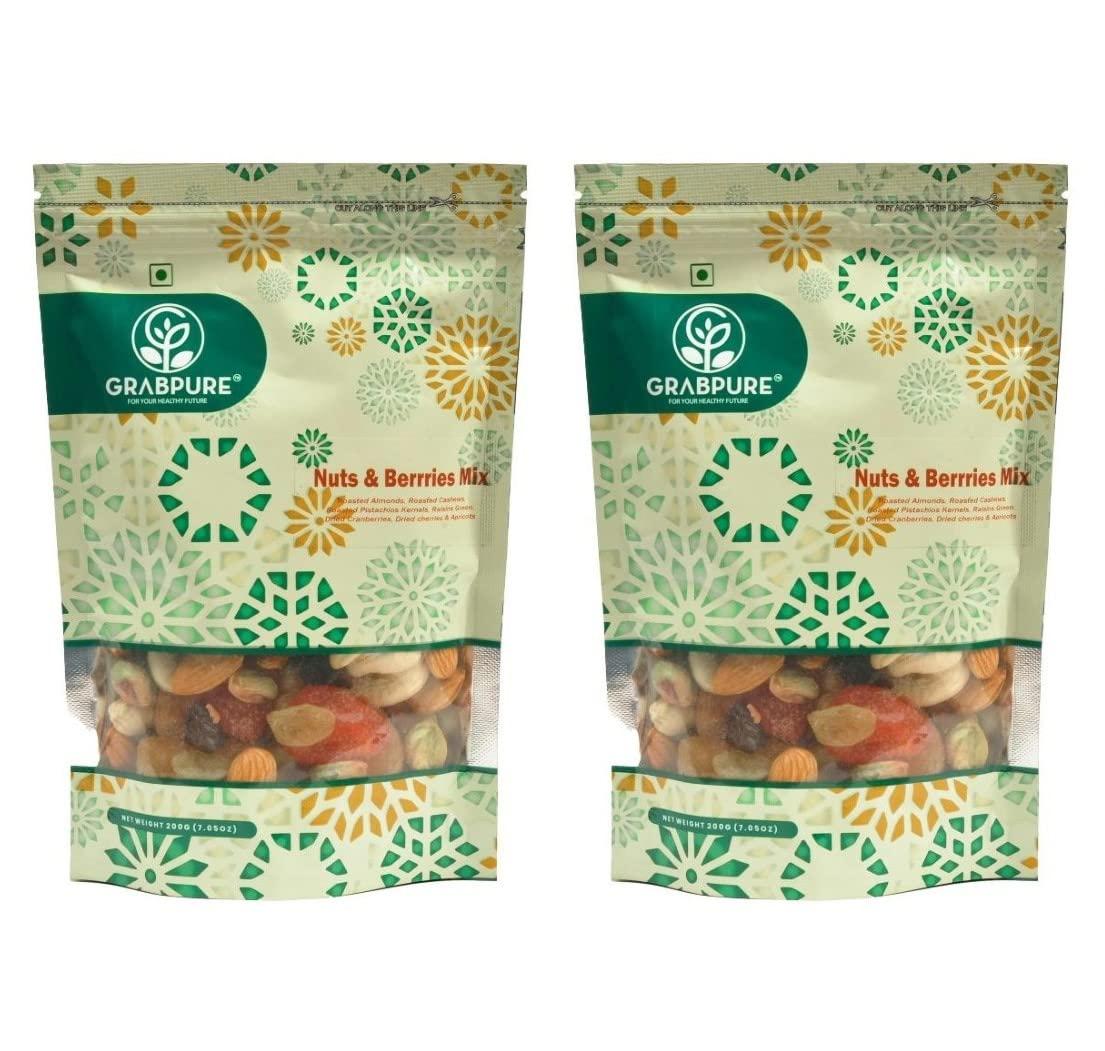 GRABPURE GRABPURE Nuts & Berries Mix Dry Fruits Nutritious Healthy Snack | Almonds, Apricots, Cashews, Cranberries, strawberries, Pistachios, Raisins | 200g Each (Pack of 2)