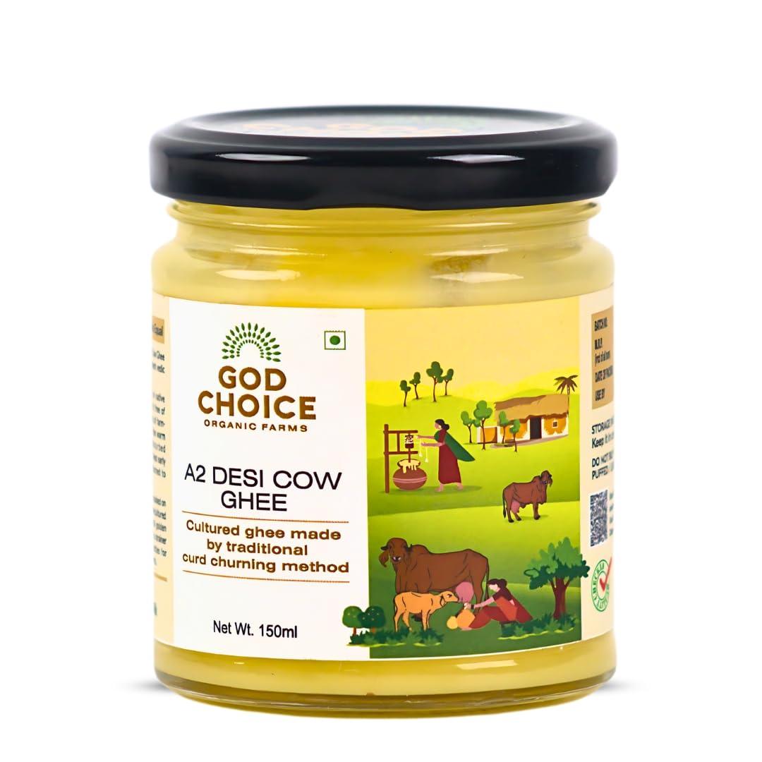 GOD CHOICE ORGANIC FARMS God Choice Organic Farms Pure A2 Desi Cow Ghee 150 ml | Cultured Desi Cow Ghee from Bilona Method | Curd Churned Organic Cow Ghee (Glass Jar)