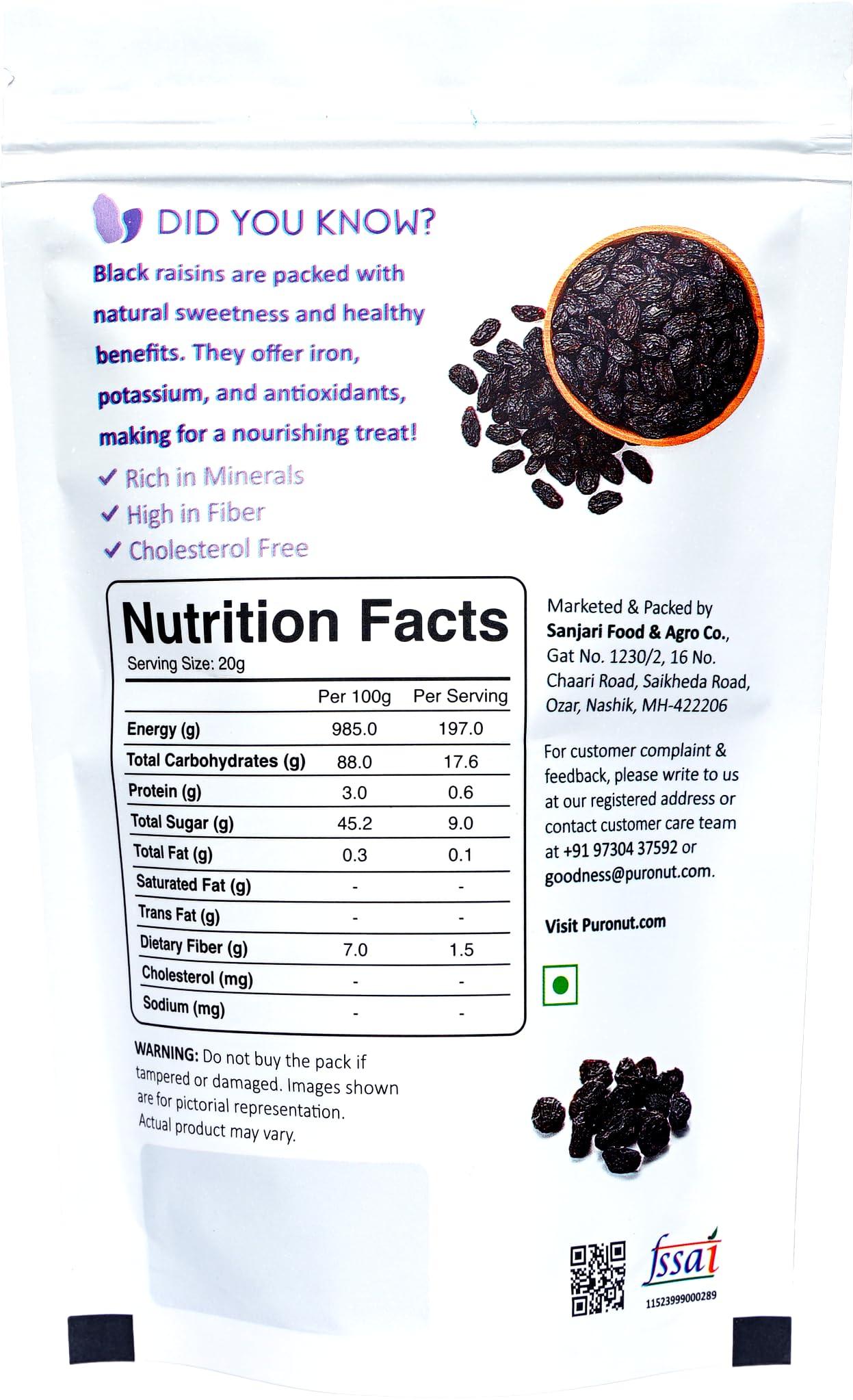 PURO NUT Puronut 100% Natural Premium KING SIZE Afghani Seedless Black Raisins, Pack of 5 (200g x 5) | Kali Kishmish | Munakka Dry Fruits | Delicious & Healthy Snack