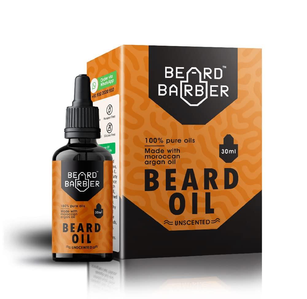 BEARD BARBER Beard Barber | Beard Growth Oil | Thicker & longer Beard with MOROCCAN ARGAN Oil, 100% NATURAL & HERBAL 8 Oils with Vit E, Cure Patchy & Ruff Beard ,Split ends, No Paraben/SFS/LLP/Mineral Oil (UNSCENTED)