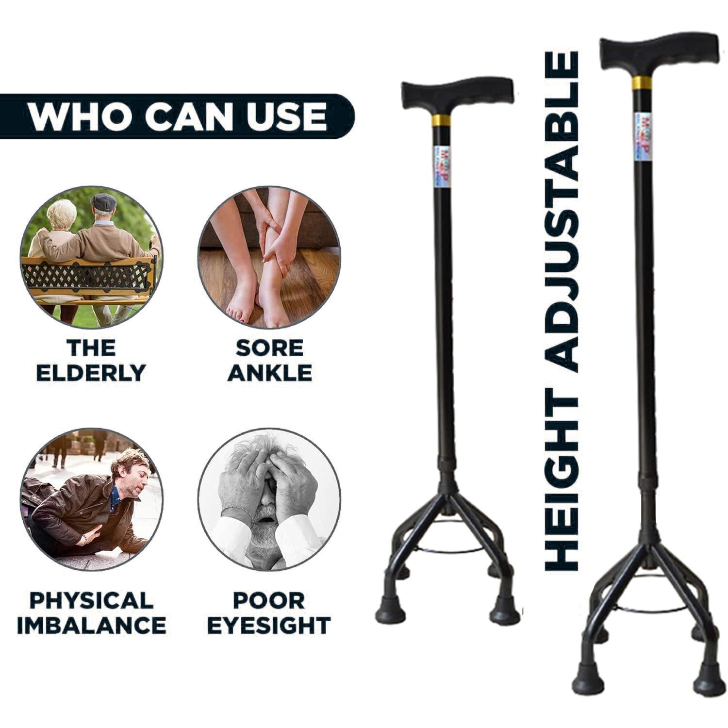 MCP MCP Jindal Aluminium Elevated Black Quadripod Adjustable Four Legged Walking Stick for Old People Support, Men, Women, 4 Leg Cane Stick (Black)