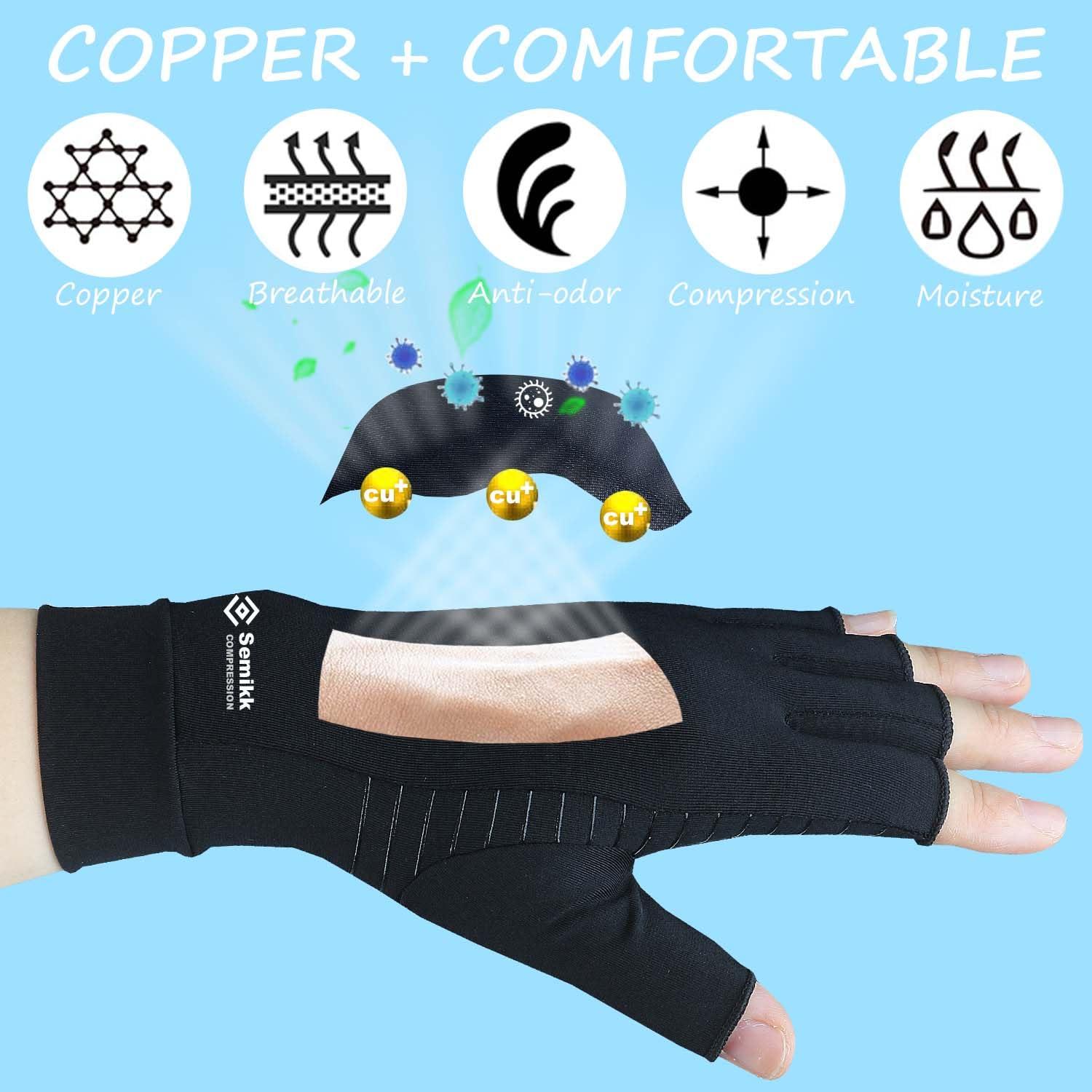 Semikk Semikk Compression Gloves for Women and Men Copper Infused Glove for Rheumatoid Arthritis Osteoarthritis Carpal Tunnel Raynauds Disease Hand Pain Relief and Support Open Finger (Black, Small)
