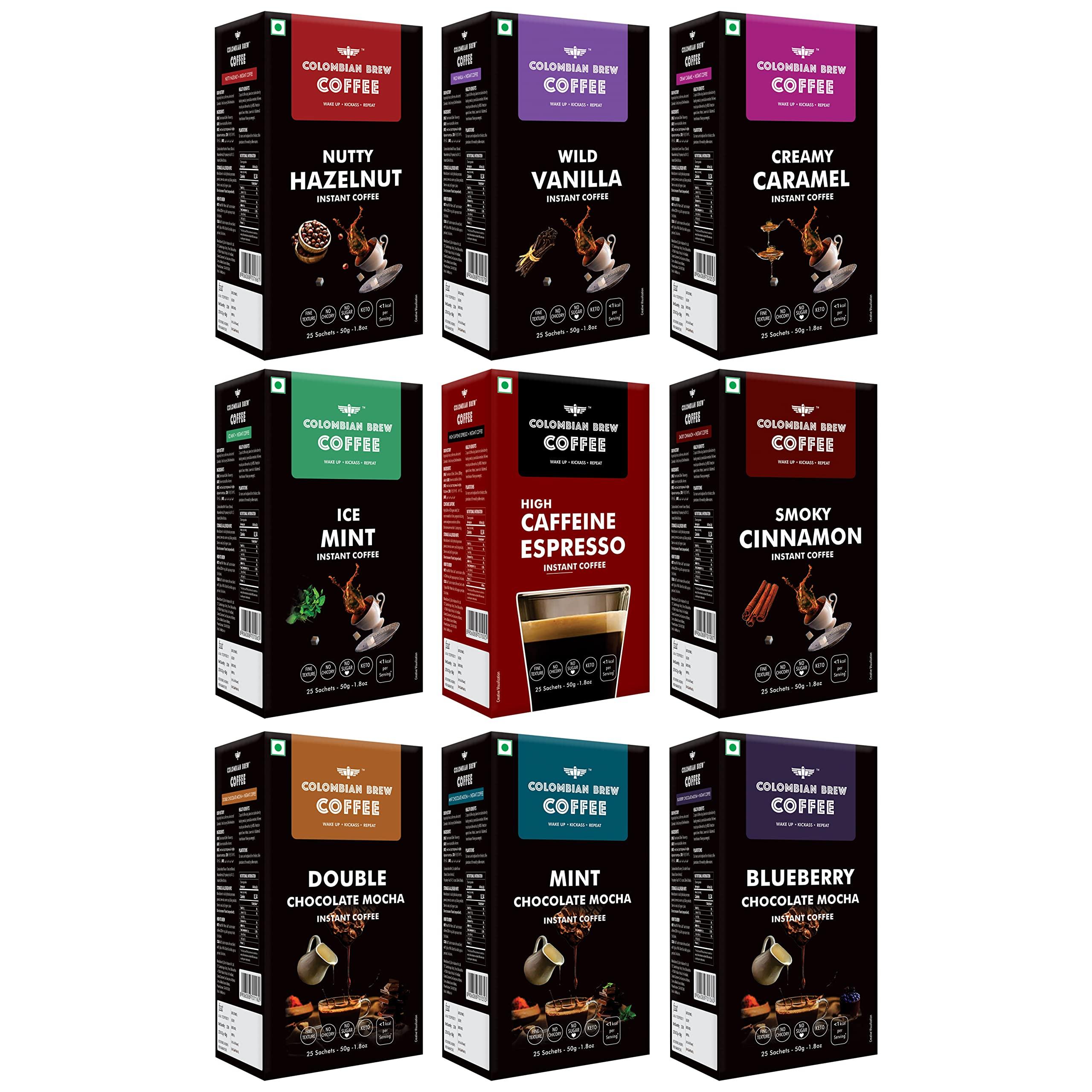 COLOMBIAN BREW COFFEE Colombian Brew Assorted, High Caffeine Espresso, Vanilla, Hazelnut, Caramel, Cinnamon, Double Chocolate Mocha, Blueberry Chocolate Mocha, Mint Chocolate Mocha, Mint Instant Coffee Powder, 50g Each