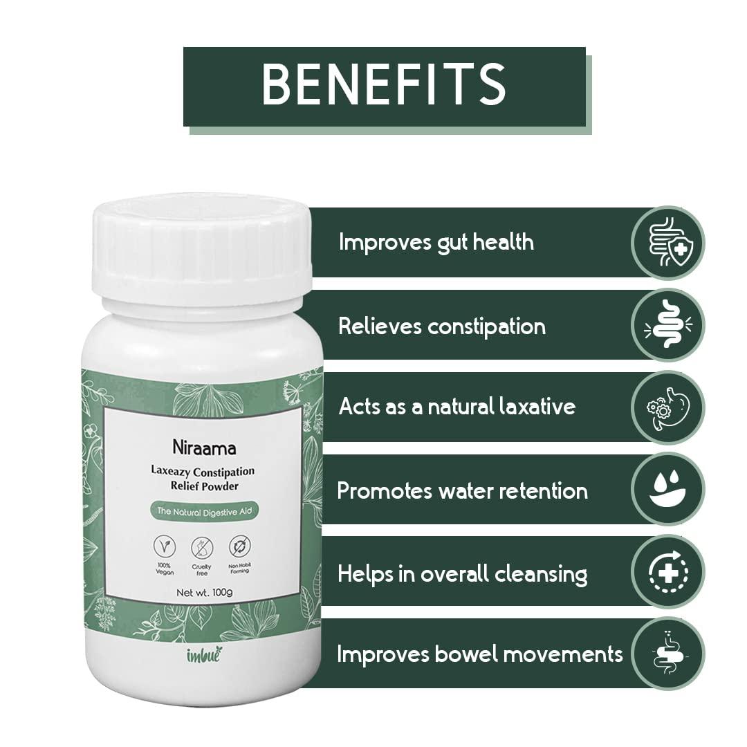 imbue IMBUE Niraama Laxeazy Constipation Relief Ayurvedic Powder For Constipation, Improves Digestion & Gut Health | Enriched With Isabgol Husk, Haritaki | Non Habit Forming Constipation Powder - 100g