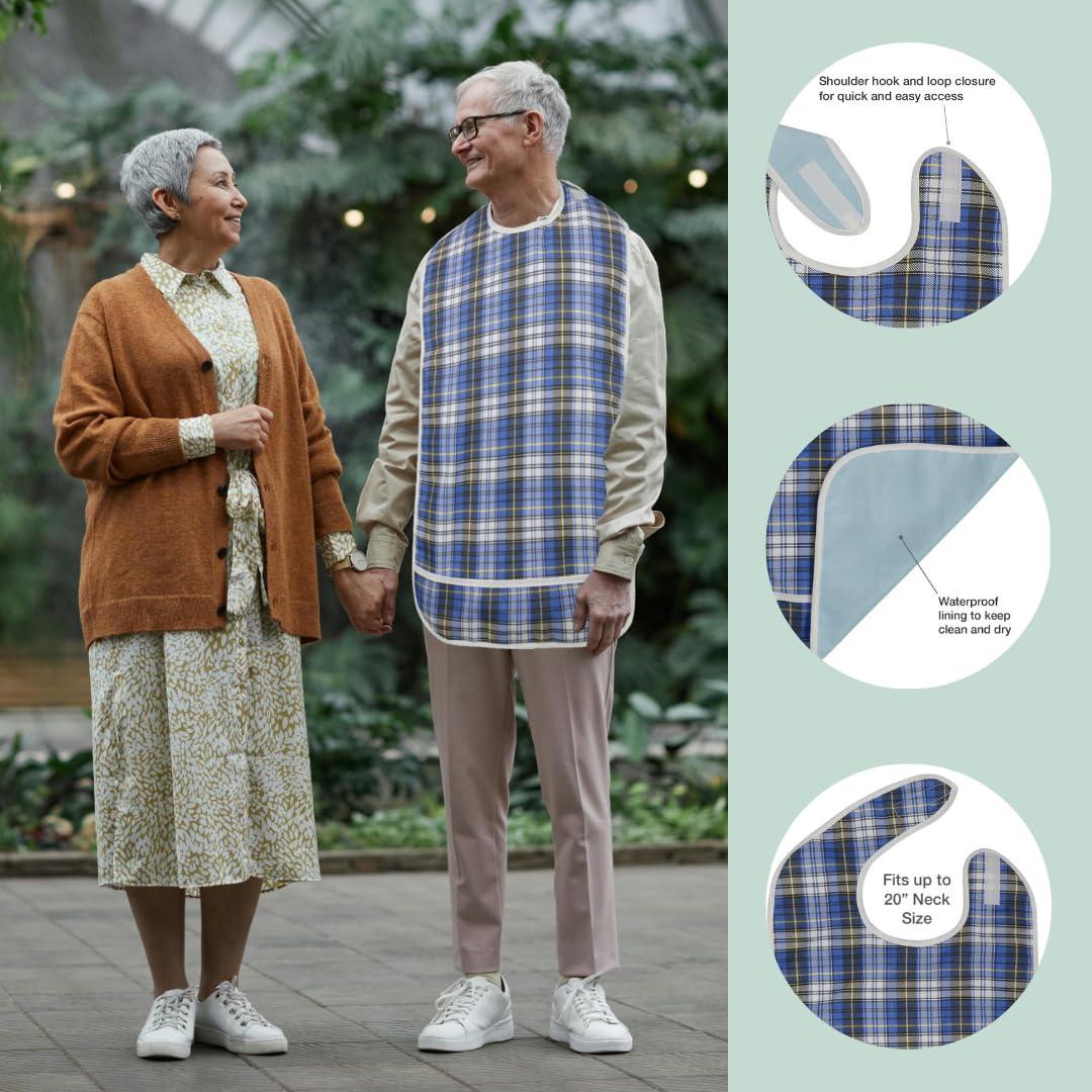 Modaliv Adult Bib - Reusable Clothing Protector - Waterproof - Crumb Catcher - Machine Washable - Velcro Closure - Extra Long Senior Men and Women Bibs for Eating by Modaliv (Blue)