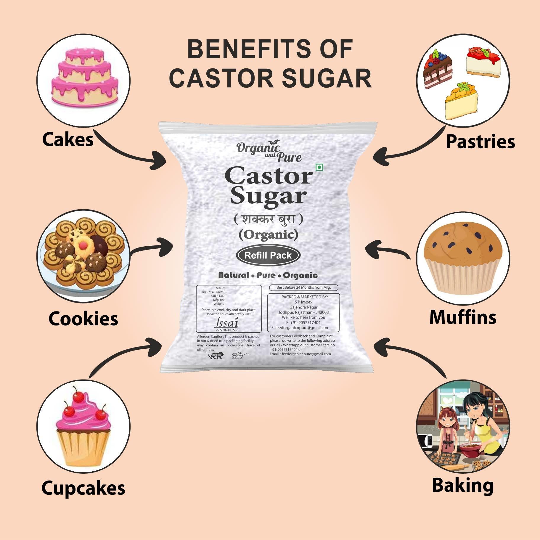 Organic and Pure Oragnic and Pure Castor Sugar | Bura Sugar Powder | Desi Shakkar Burada | Chini Ka Bura | Crushed Sugar (for Baking) (Refill Pack) 900g