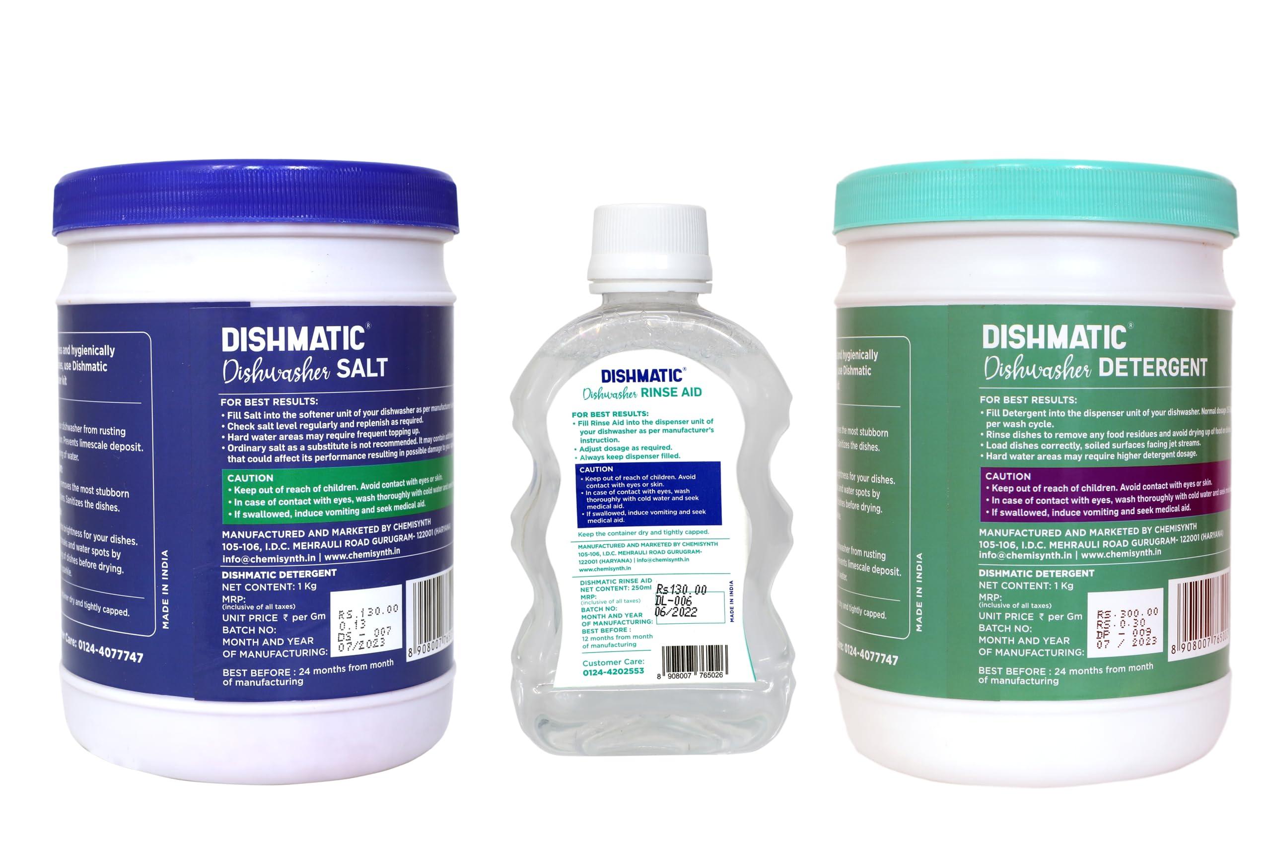Dishmatic Dishmatic Dishwasher Detergent, Salt and Rinse Aid (1 kg * 1kg * 250 ml) | Automatic Dishwashing Powder & Liquid Combo Pack | Compatible with All Dish Washer Machine