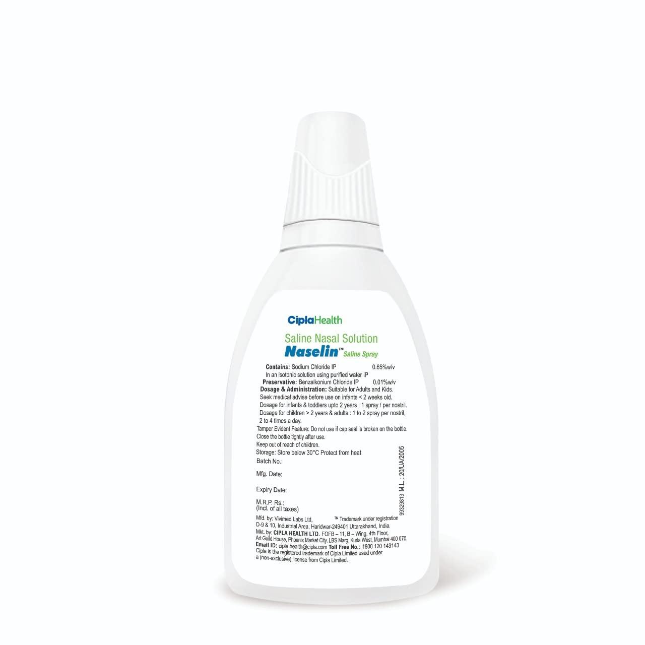 Cipla Cipla Naselin Saline Spray 20 ml | Clears nasal congestion | Moisturizes nasal passages | Daily cleansing of the nose | Safe for Kids (Pack of 6)