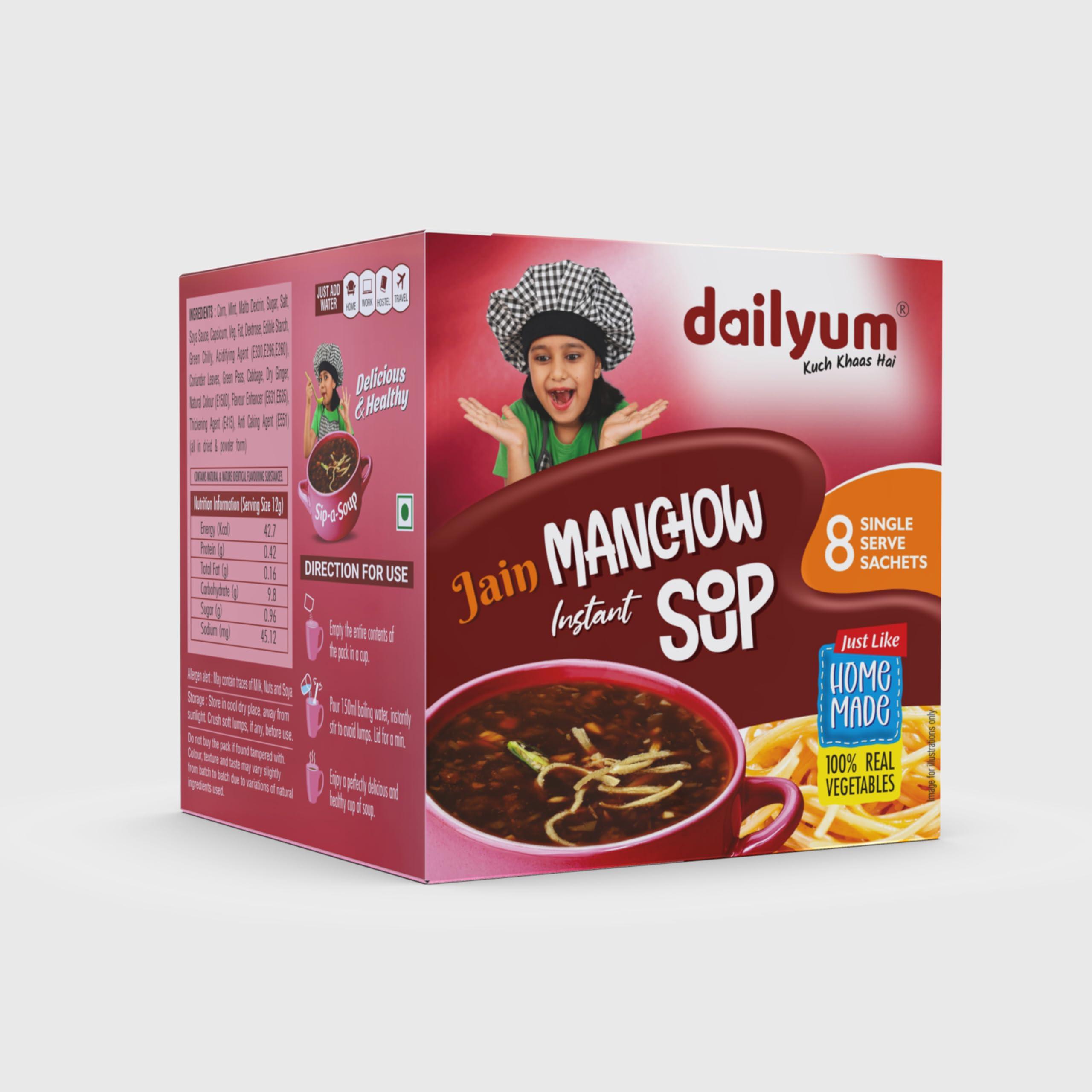 dailyum Dailyum Crispy Fried Noodles + Jain Instant Soup Box-Tomato and Manchow| 8 Single Serve Sachets,12g Each| Sip-A-Soup| Natural | No MSG | Pack of 3 Box