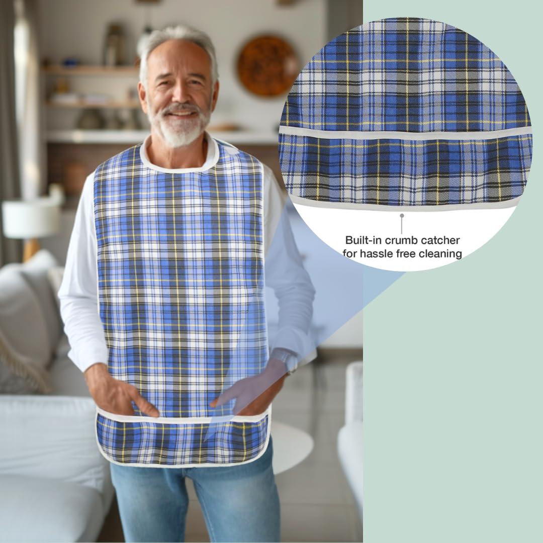 Modaliv Adult Bib - Reusable Clothing Protector - Waterproof - Crumb Catcher - Machine Washable - Velcro Closure - Extra Long Senior Men and Women Bibs for Eating by Modaliv (Blue)