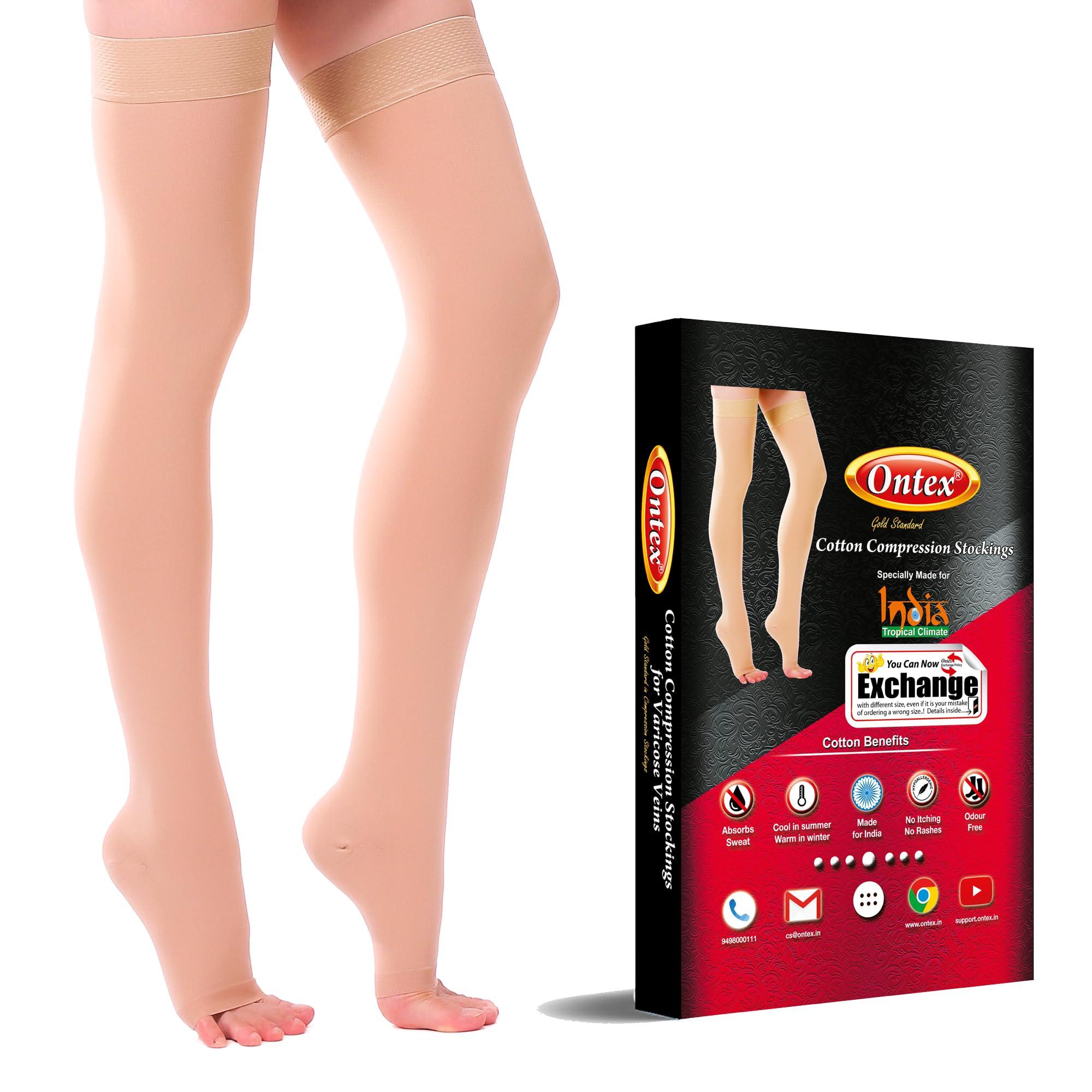 Ontex ONTEX Cotton Compression Stockings for Varicose Veins Class 2 | Compression Socks for Women & Men | Varicose Vein Stockings | vericose socks for women | Thigh Length - X-LARGE