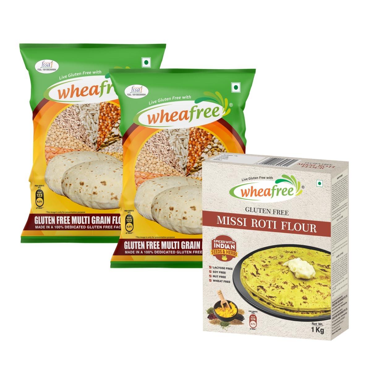 wheafree Wheafree Gluten Free Combo Pack - Missi Roti Flour 1Kg + Gluten Free Multigrain Flour (1kg x 2) | High in Protein, Vitamins, Minerals and Micronutrients | 100% Gluten Free Veg Ingredients