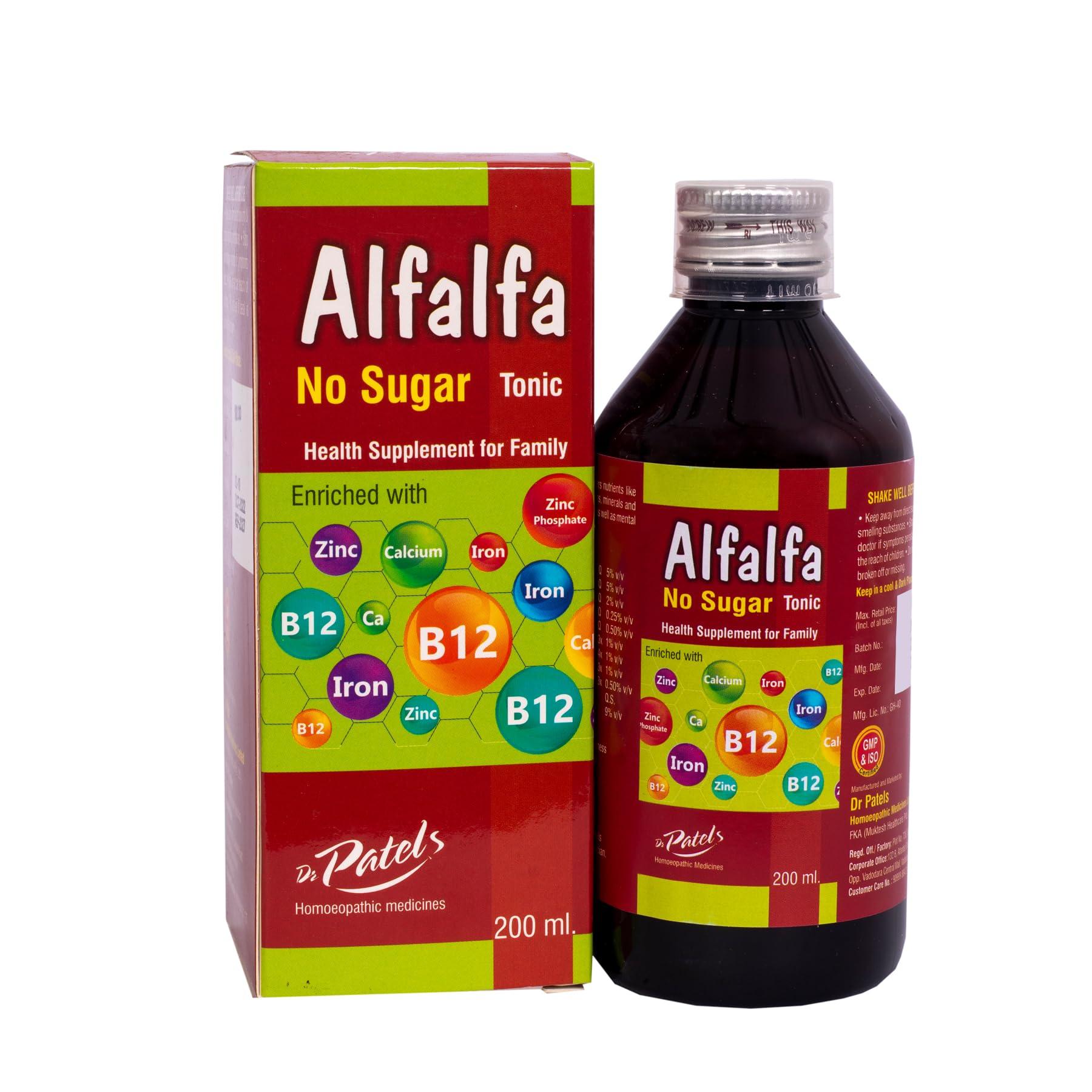 DR PATELS HOMEOPATHIC MEDICINES Dr Patel\'s Homeopathic Alfalfa B12 Syrup Sugar-Free Health Tonic | Appetite Support, Stress Relief, Energy Boost - 200 ml