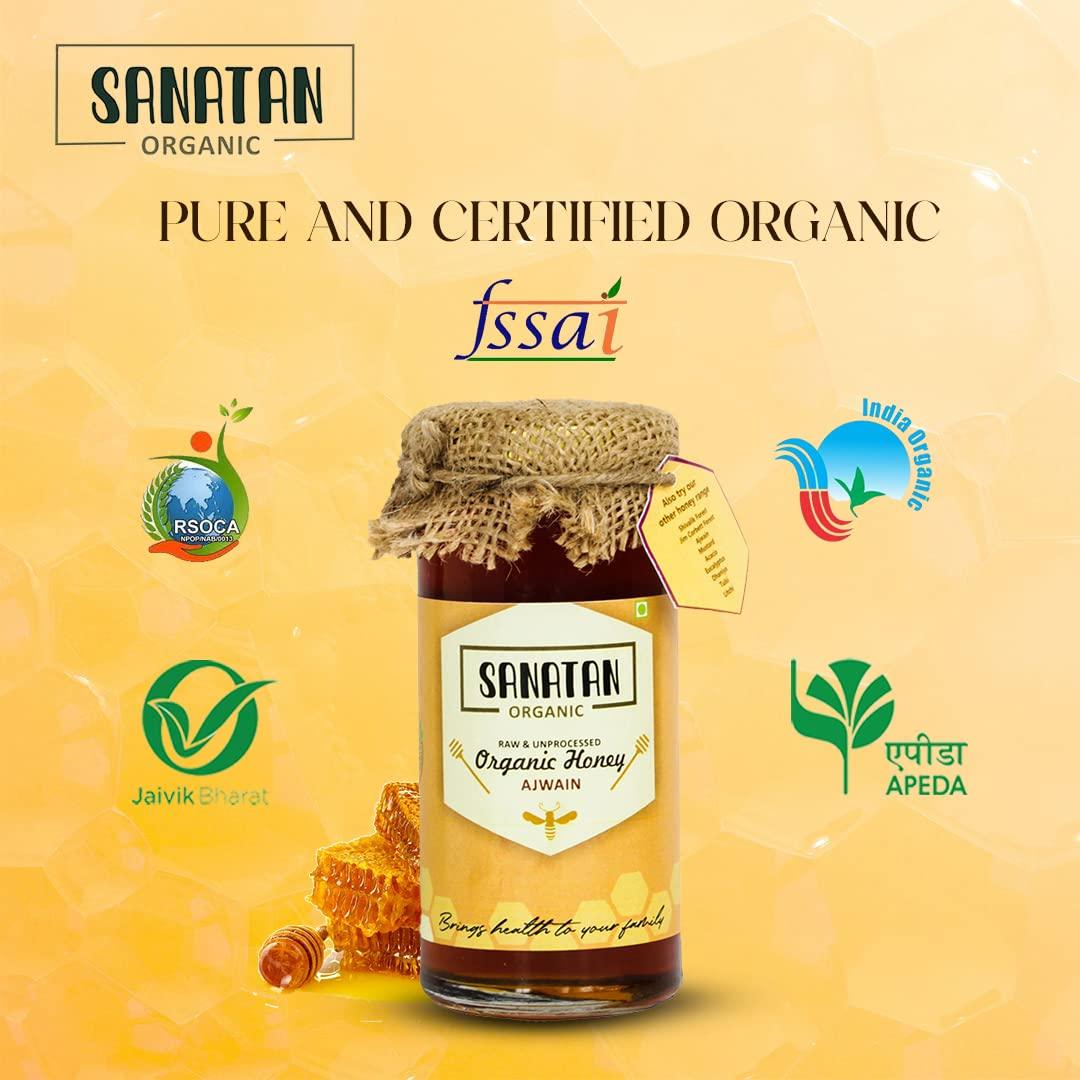 SANATAN ORGANIC Sanatan Organic Unprocessed and certified organic 100% Natural &Pure Ajwain Honey cures Gastric,Acidity,help in digestion|Preservative free|No artificals|No Added Sugar|Mono Flora Honey-250g Glass Jar