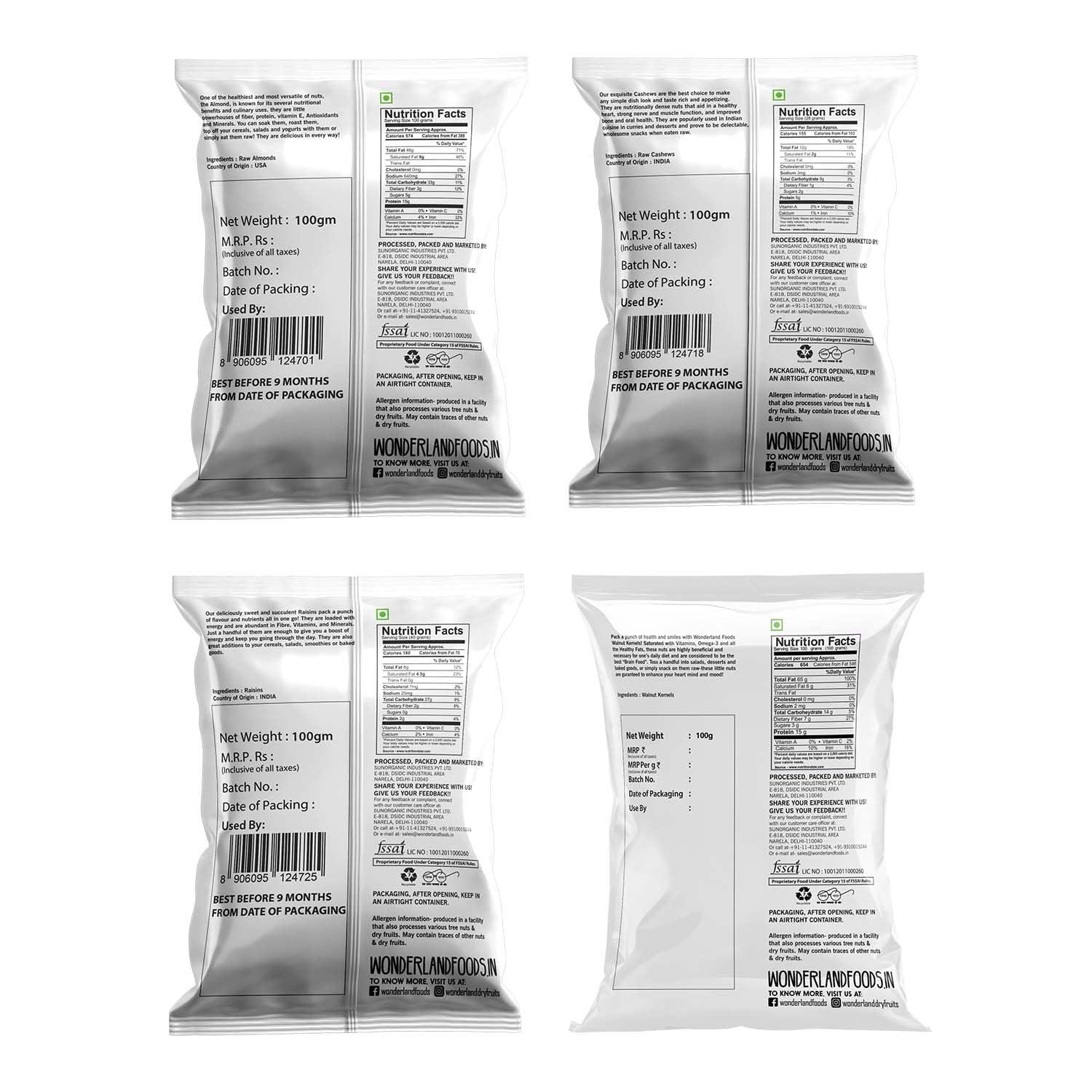 WONDERLAND FOODS (DEVICE) WONDERLAND FOODS Dry Fruits Combo Pack of 4 (100 grams each) Badam, Kaju, Akhrot, Kishmish - (Almonds-Cashews-Walnut Kernel-Raisins)