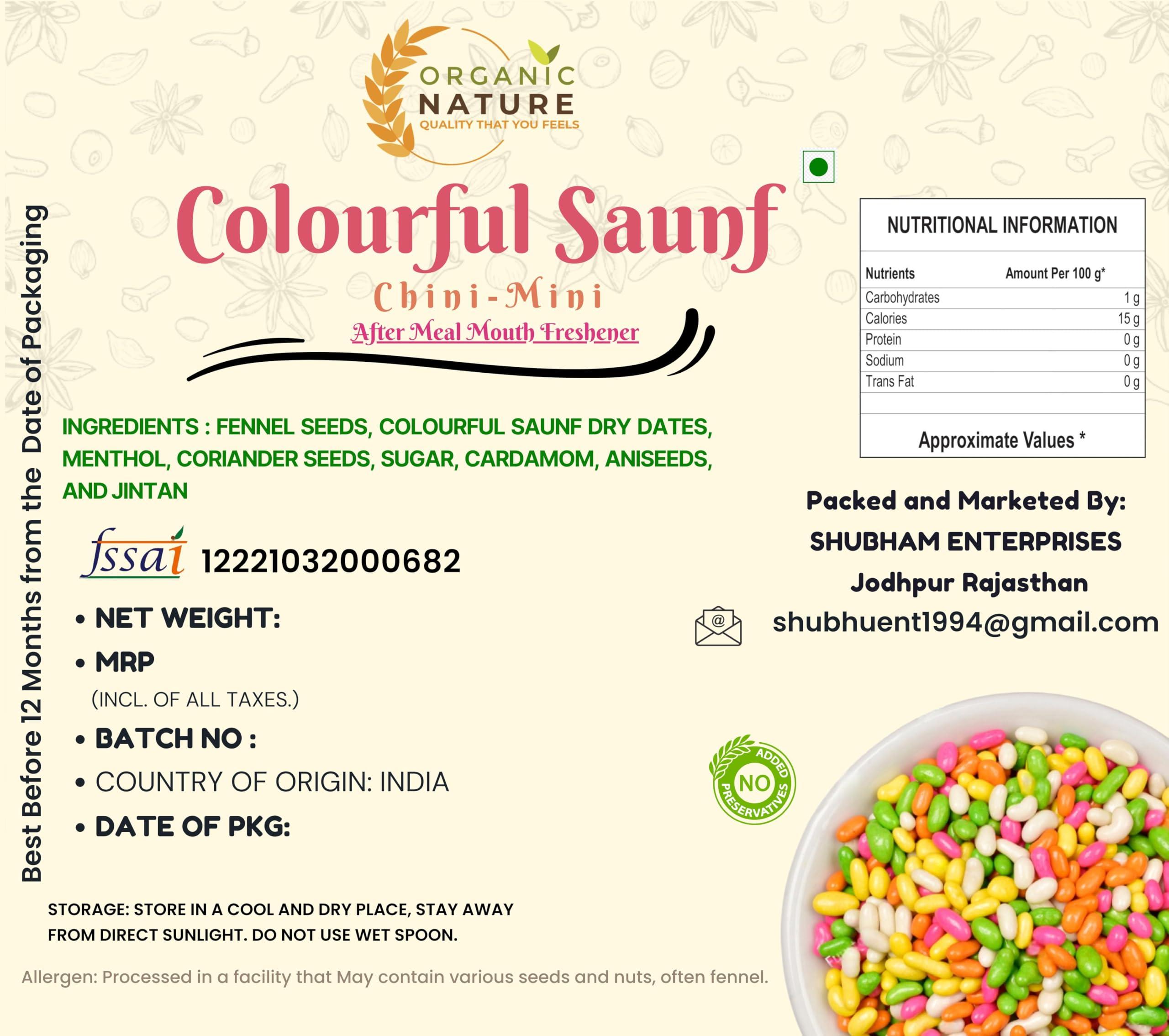ORGANIC NATURE Organic Nature Colourful Sugar Coated SAUNF Colourful Fennel Seed Mouth FRESHNER Jumbo Sauf (Pack of 200 Gram)