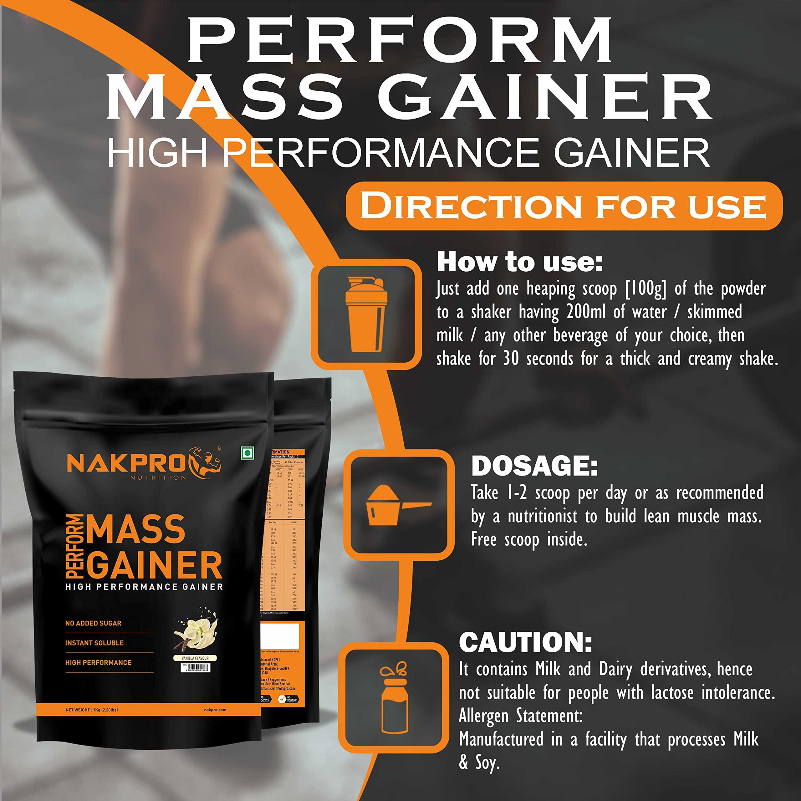 NAKPRO NAKPRO PERFORM MASS GAINER | High Protein & High Calorie | 15g Protein, 3.3g BCAA | Added Vitamins & Minerals | Easy Mixing, Easy Digesting Mass Gainer Powder for Men & Women | 1 Kg Vanilla Flavour (10 Servings)