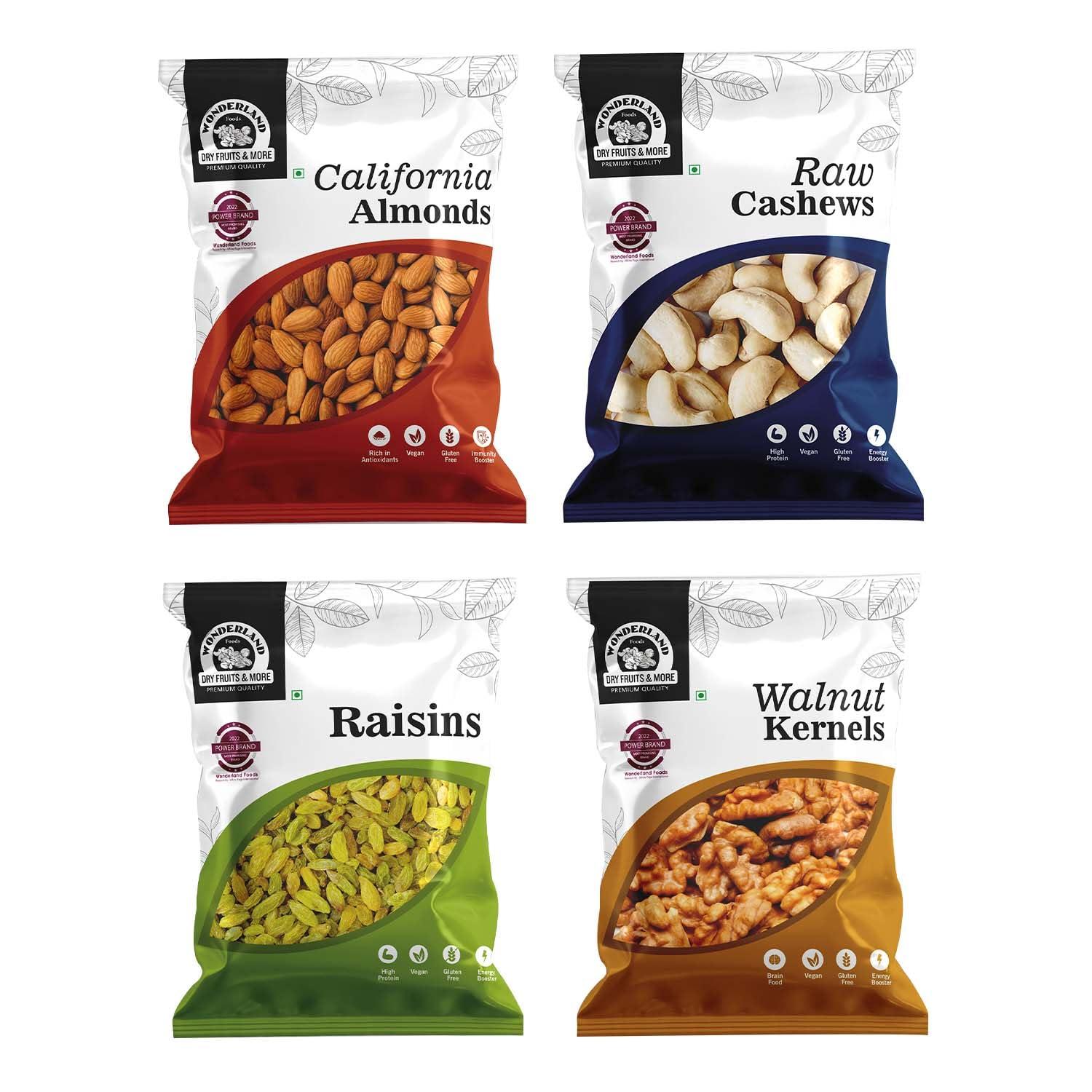 WONDERLAND FOODS (DEVICE) WONDERLAND FOODS Dry Fruits Combo Pack of 4 (100 grams each) Badam, Kaju, Akhrot, Kishmish - (Almonds-Cashews-Walnut Kernel-Raisins)