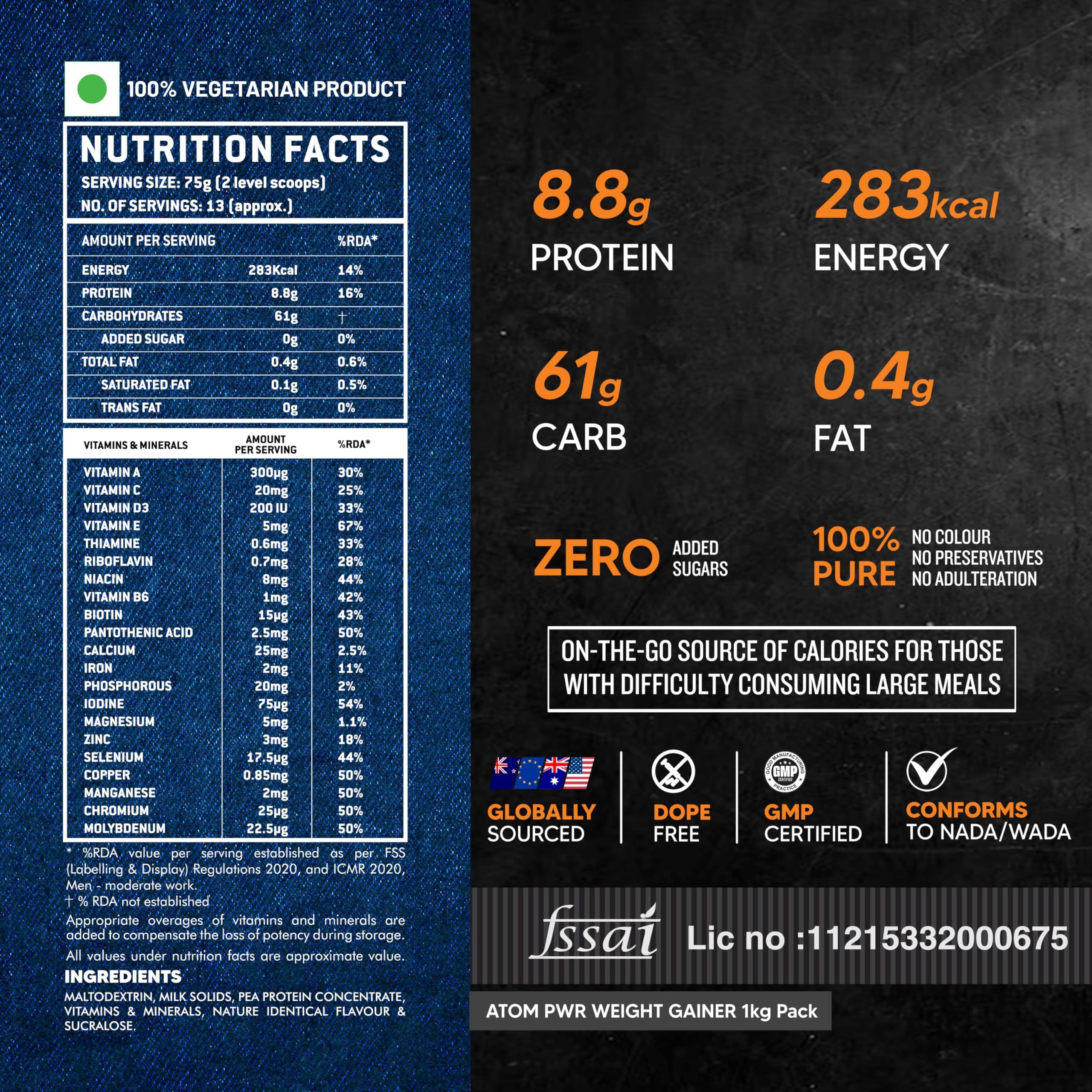 Asitis Nutrition Asitis Nutrition Atom Weight Gainer Powder 1Kg | 61.1G Carbs & 8.8G Proteins | Easy Source Of Weight-Gaining Calories | Boosts Workout Performance | Kesar Elaichi Flavor