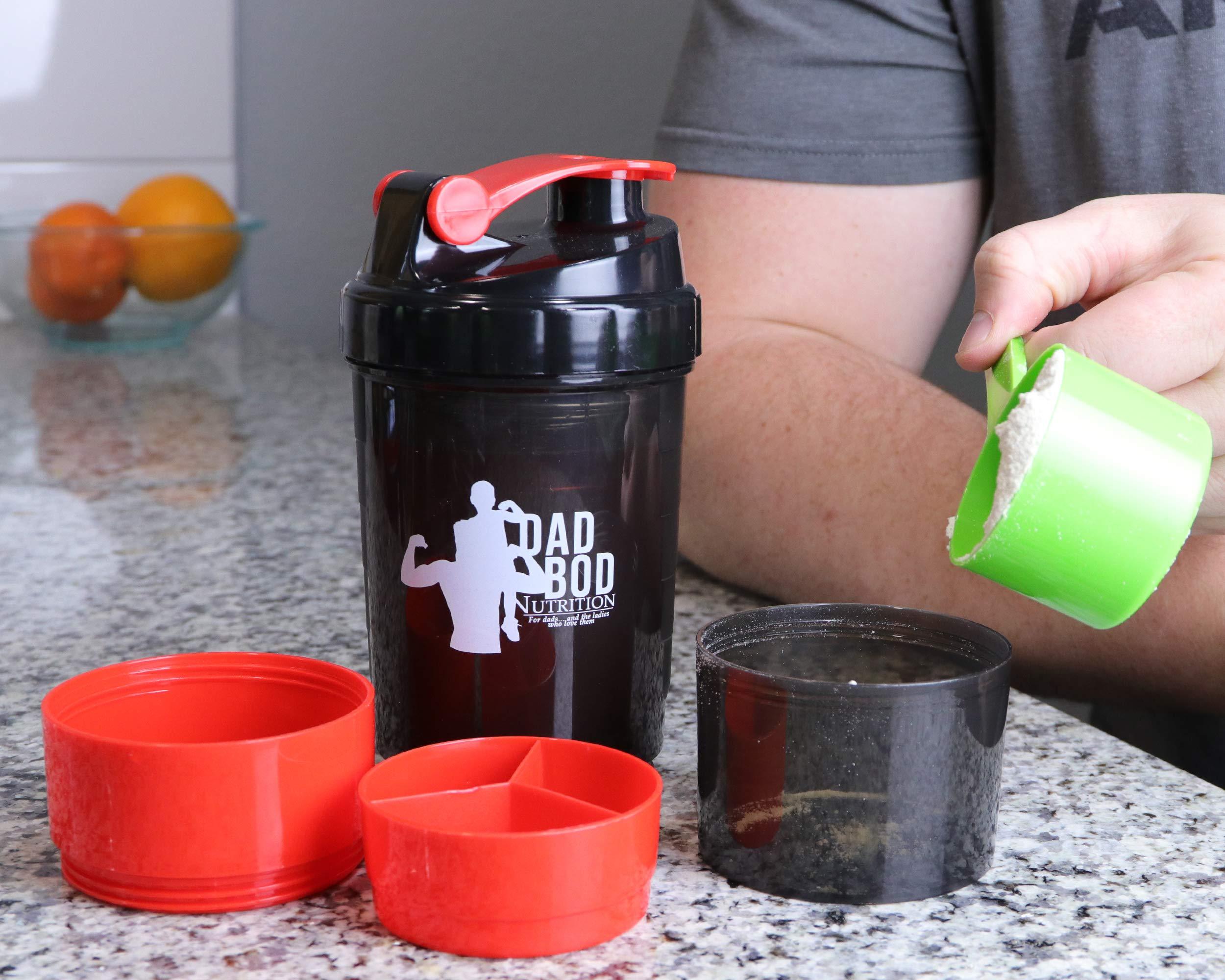 Dad Bod Nutrition Dad Bod Nutrition Funny Protein Shaker Bottle 3 Part with Storage Red Trim White Label (Red Trim)