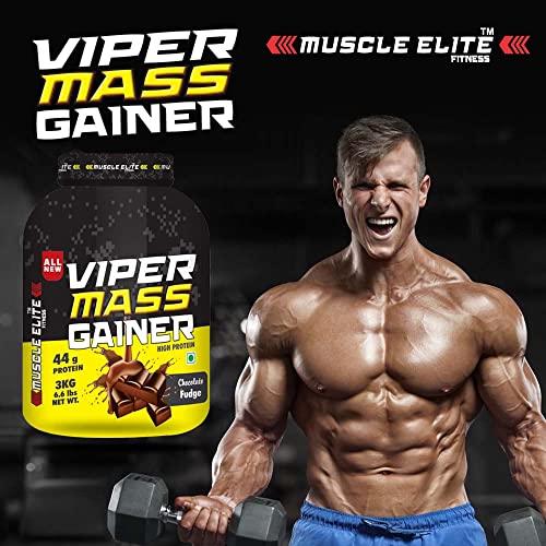 MUSCLE ELITE FITNESS MUSCLE ELITE FITNES VIPER MASS GAINER High Protein Gain For Strength,Size & Weight Men & Women | Protein 44g | Calories 1053 | Chocolate Fudge Supplement Supplement With T-shirt 3kg
