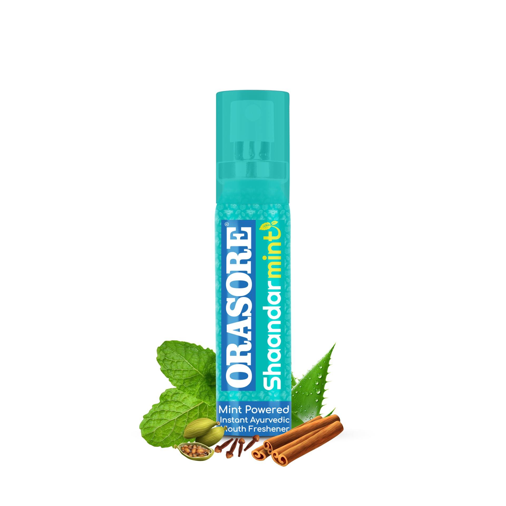 ORASORE Shaandar Mint Instant Mouth Freshener Spray by Orasore | Pudina, Aloe Vera, Peppermint, Cinnamon, Clove & Elaichi | Amazing Cool Breath Freshening with Zero Calories & Anti Bacterial Protection | 15g Pack