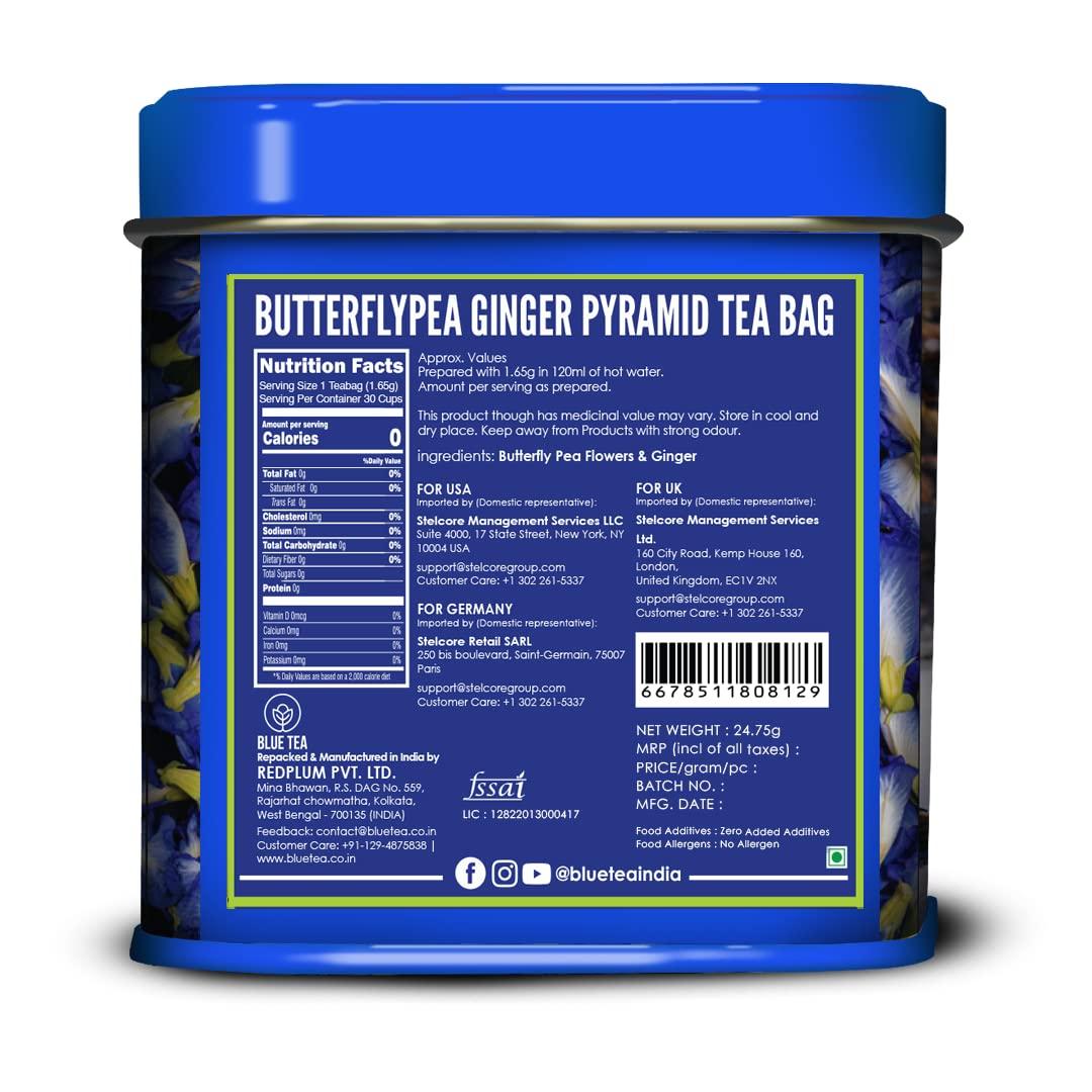 BLUE TEA BLUE TEA - Blue Flower Ginger Herbal Tea - 30 Tea Bags | PRIME SAVING DAY | Anti-Oxidant Rich | Detox Tea -Flower Based - Herbal Tea - Vegan - Caffeine Free - Natural Ingredients | Tin Pack