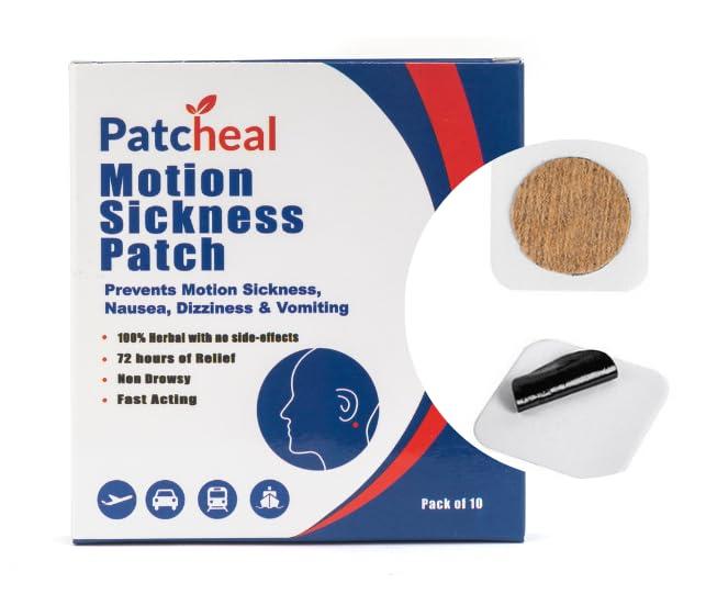 Patcheal Patcheal Motion Sickness Patch,Relieves Car Travel sickness Prevents Nausea, Dizziness and Vomiting, All Natural, No side effects - Pack of 10 Patches