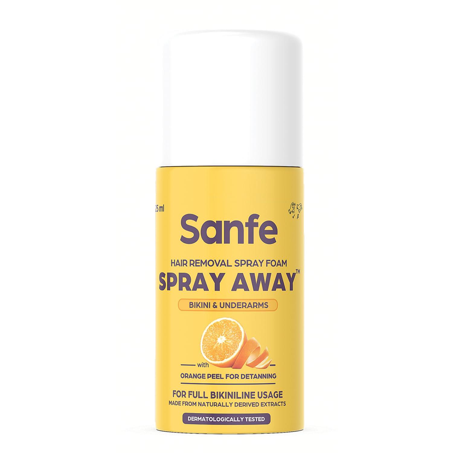 Sanfe Sanfe Painless & Detan Hair Removal Spray Cream - 25 ml | For Bikini, Chest, Legs, Arms & UnderArm | Removes Hair in 10 Minutes with Skin Detan | Orange Peel, Aloevera, Vitamin E & Niacinamide