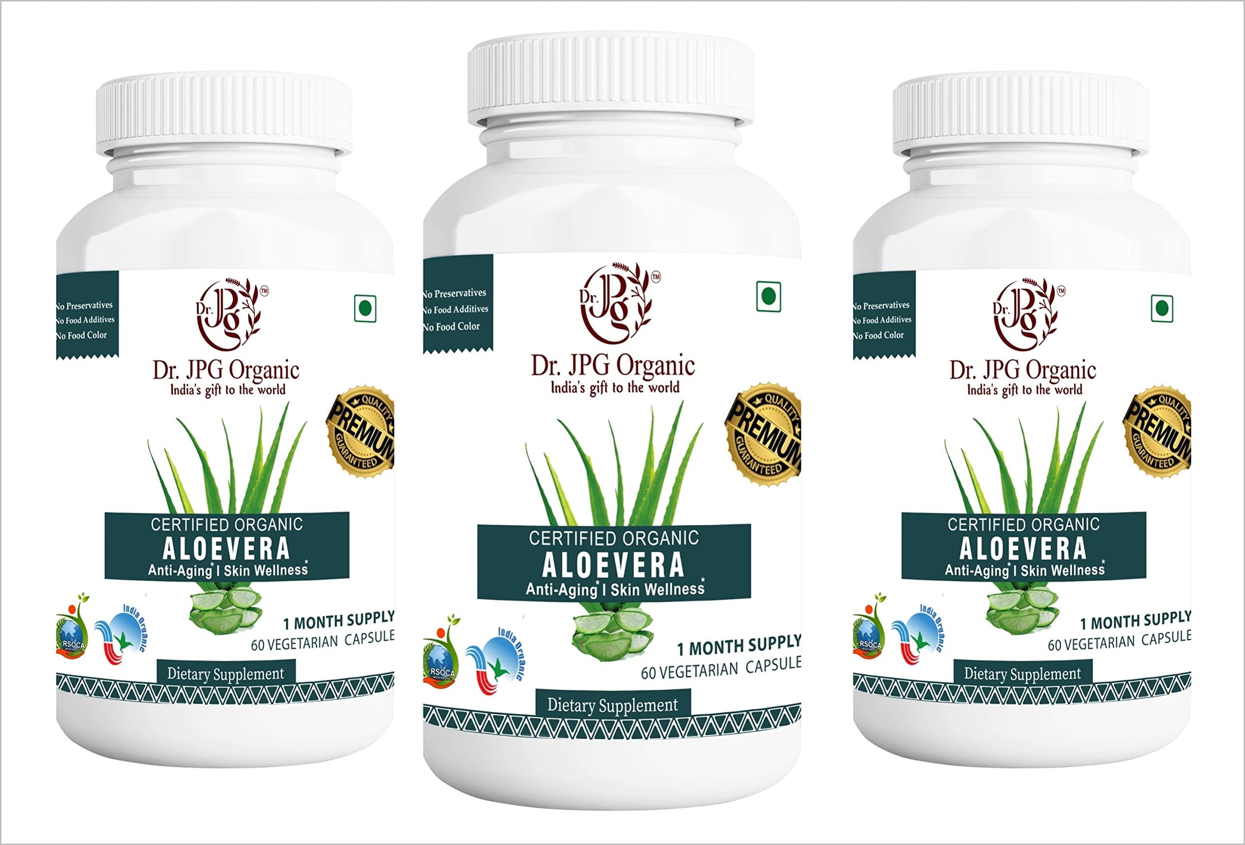 DR. JPG ORGANIC FOODS & HERBALS Dr. JPG Organic Aloe Vera Capsules 60 Veg Capsules/Helps Rejuvinate Skin and Hair/INDIA ORGANIC Certified. (Pack Of 3)