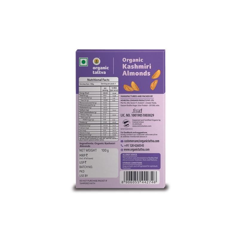 ORGANIC TATTVA Organic Tattva, Organic Kashmiri Mamra Almonds/Badams, 100 Gram(Pack of 1)