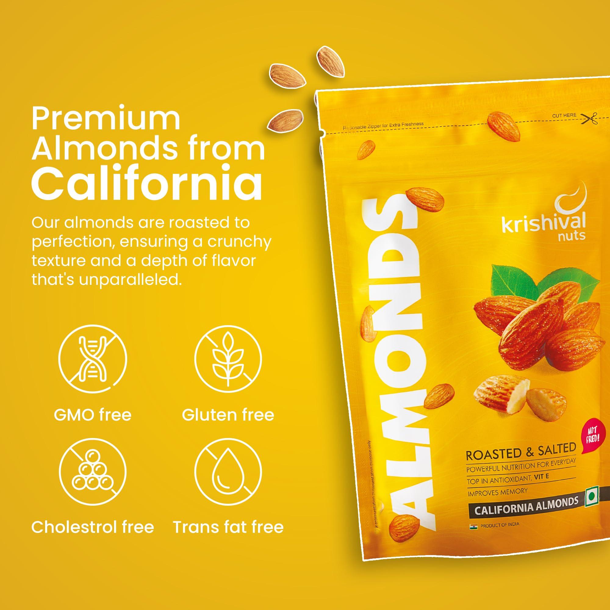 Krishival Nuts Krishival Nuts California Salted Almonds 1 kg (4 packs of 250g each) | Roasted and Salted Almonds | California Almonds | Zero Preservatives