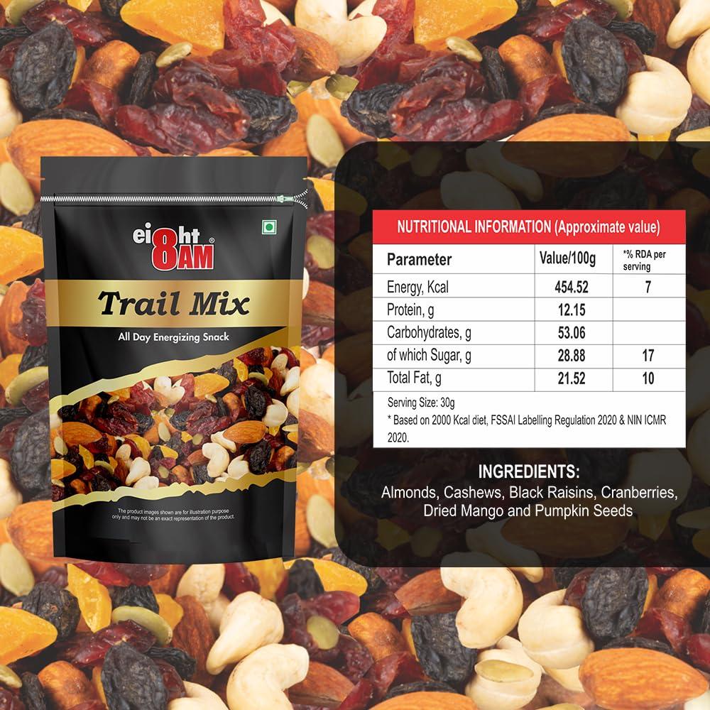 8AM 8AM Trail Mix Dry Fruits & Nuts, 200gm | Made with Nutritious Ingredient Cranberries, Roasted Cashew, Almonds, Raisin, Pumpkin Seeds | Healthy and Tasty Snack, Rich Source of Zinc, Potassium and Iron