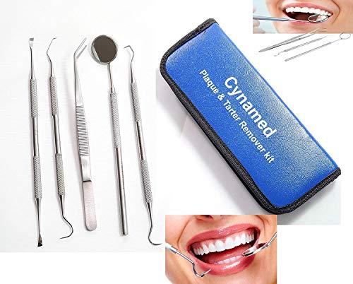 Cynamed Professional Dental Hygiene Kit, Calculus Plaque Remover Set, Stainless Steel Tools, Tarter Scraper, Tooth Pick, Dental Scaler and Mouth Mirror Instruments. Hygienist Kit, Home Use Tools for Adults
